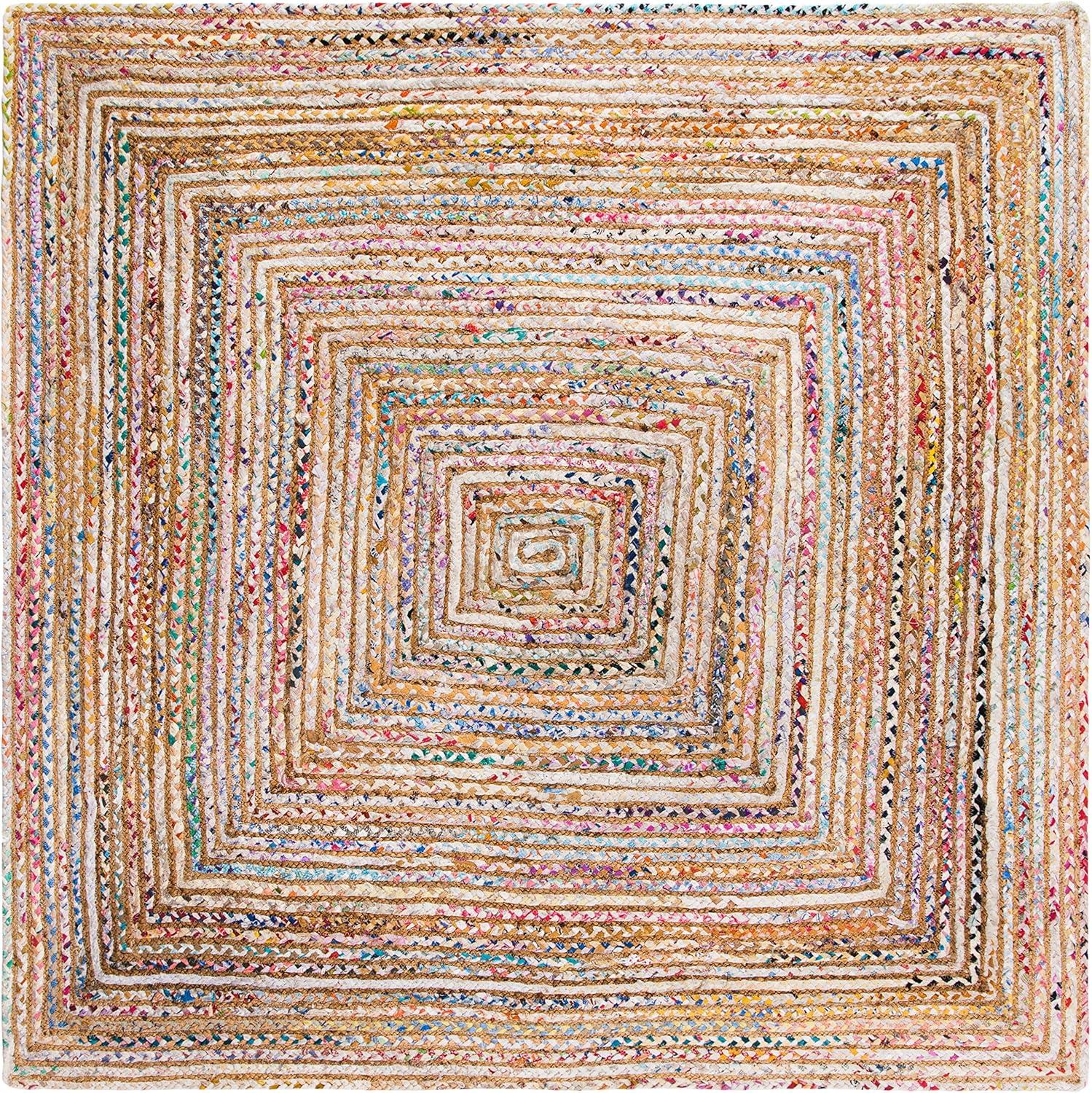 Handmade Green and Natural Braided Jute Cotton Square Rug