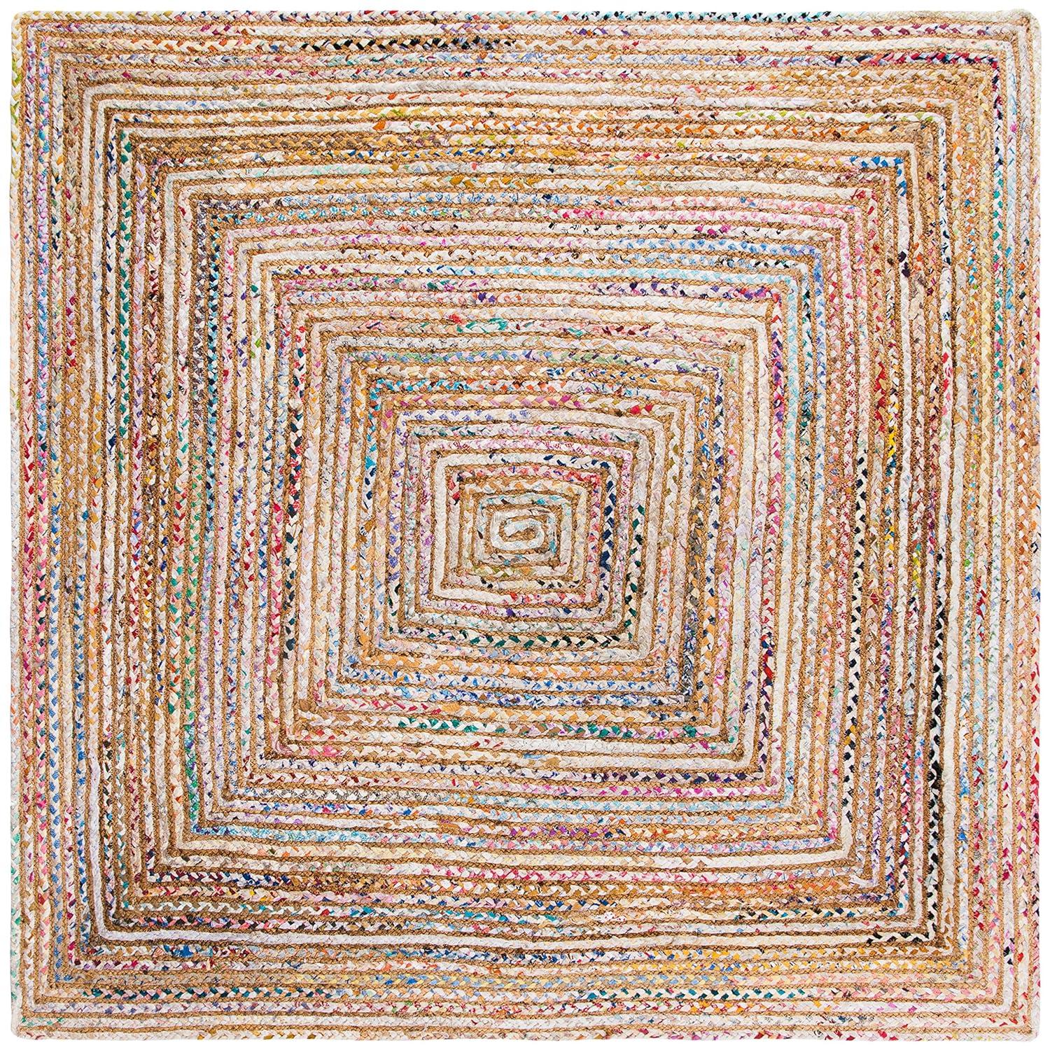 Handmade Green and Natural Braided Jute Cotton Square Rug