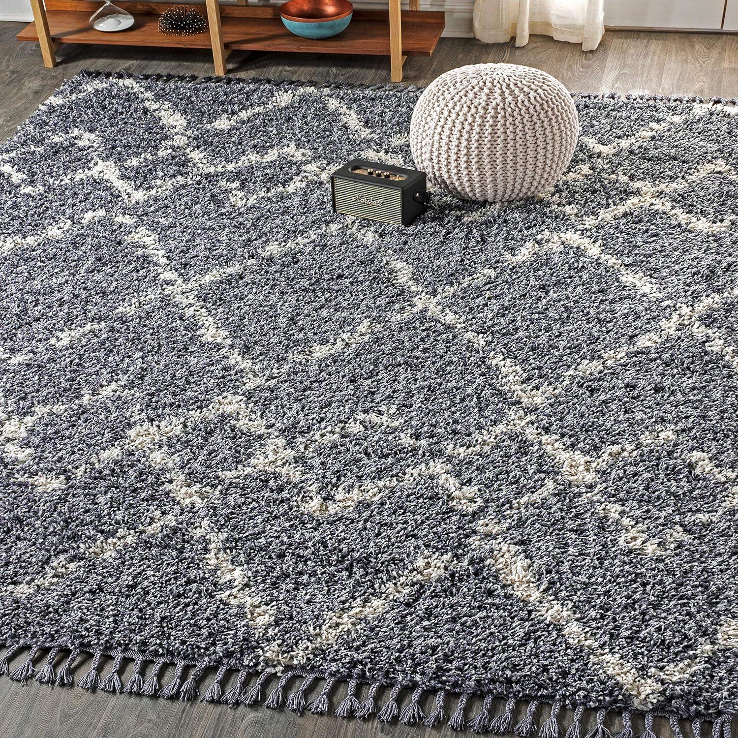 4'x6' Mercer Shag Plush Tassel Moroccan Geometric Trellis Area Rug, Denim/Cream - JONATHAN Y