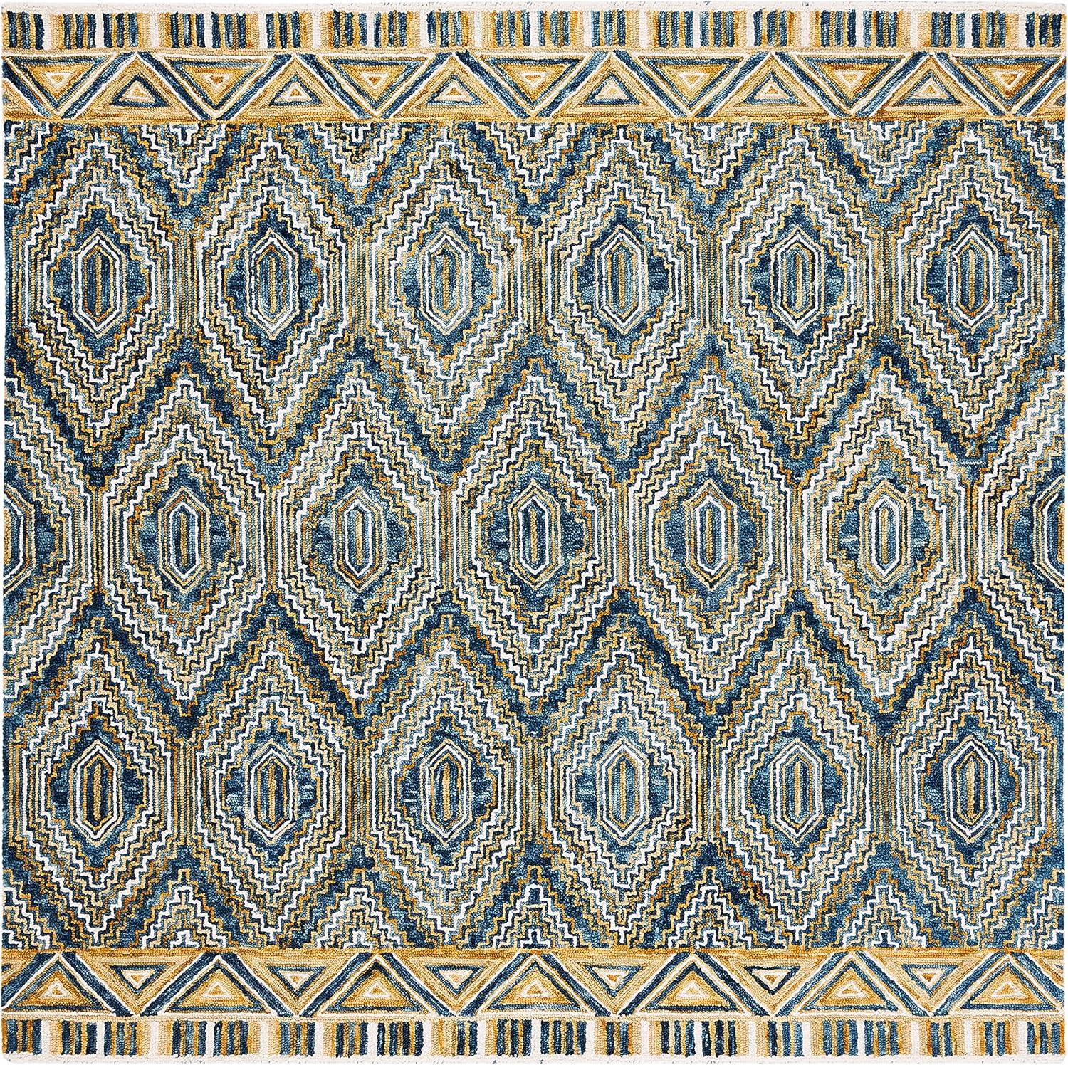 Handmade Boho Chic Blue Geometric Square Wool Rug 7'