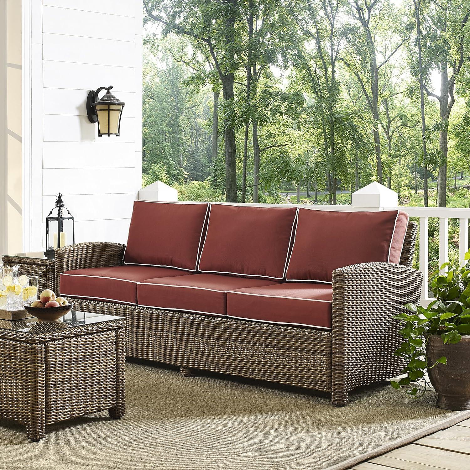 Bradenton Outdoor Wicker Sofa - Sangria - Crosley: Steel Frame, UV-Resistant, 3-Seater Patio Couch with Foam Cushions