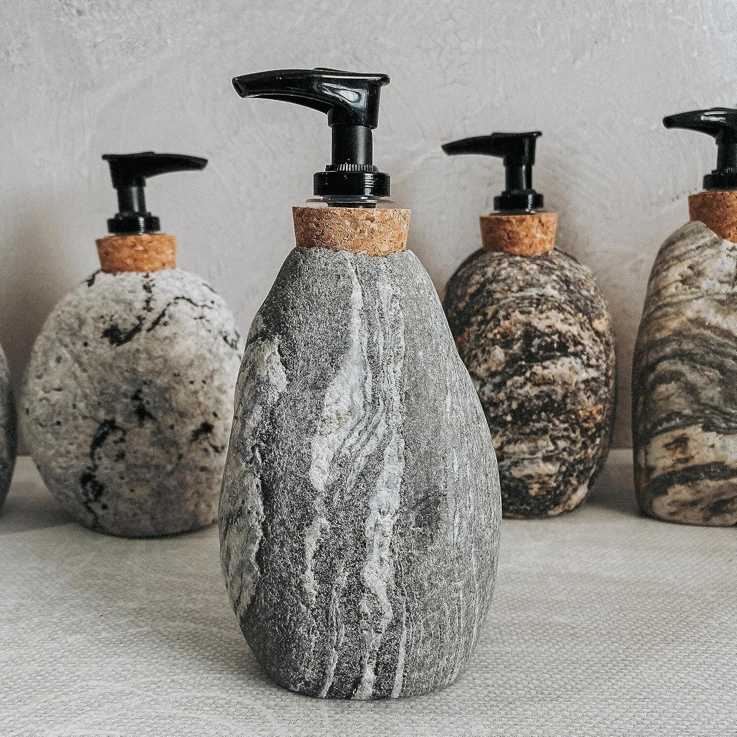 Soap and Lotion Dispenser - Handcrafted Natural Beach Stone, Rustic Home Decor