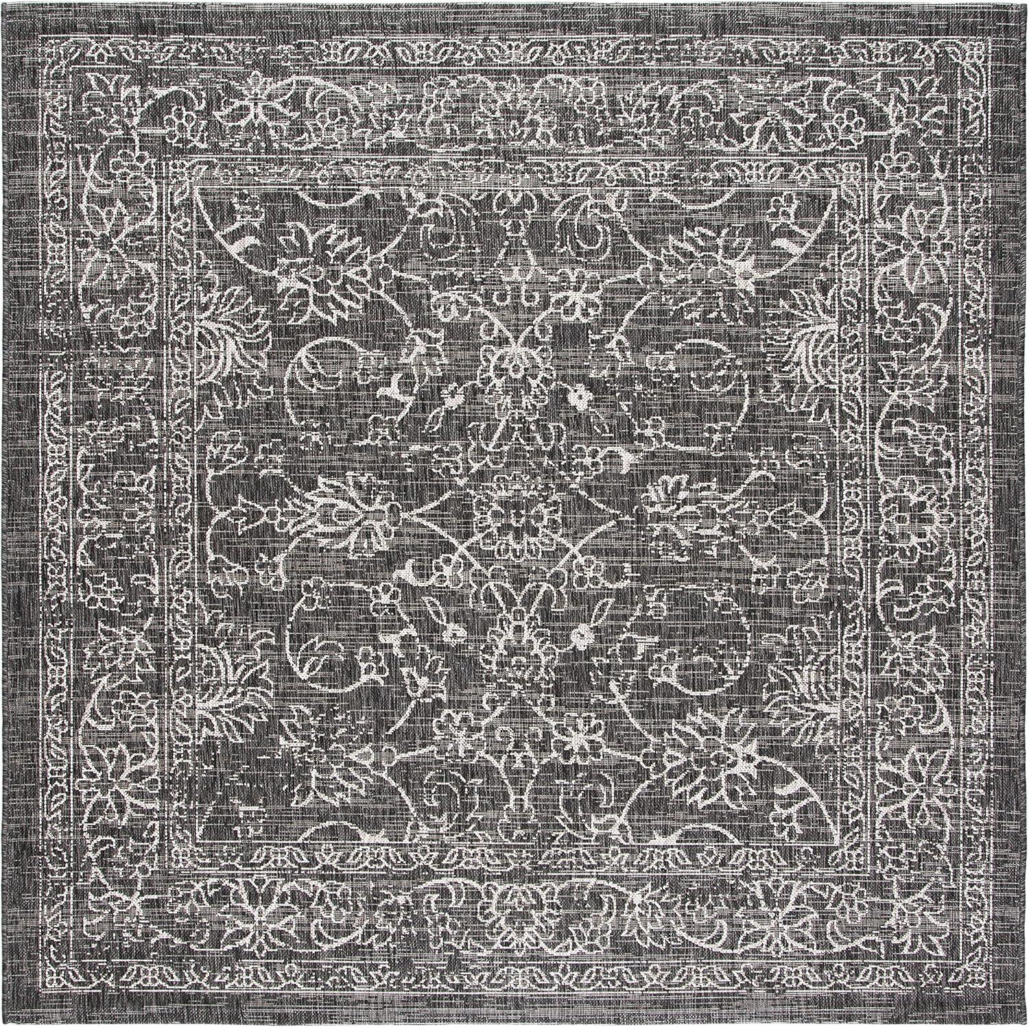 Courtyard Elegance 6'7" Square Black & Ivory Synthetic Area Rug