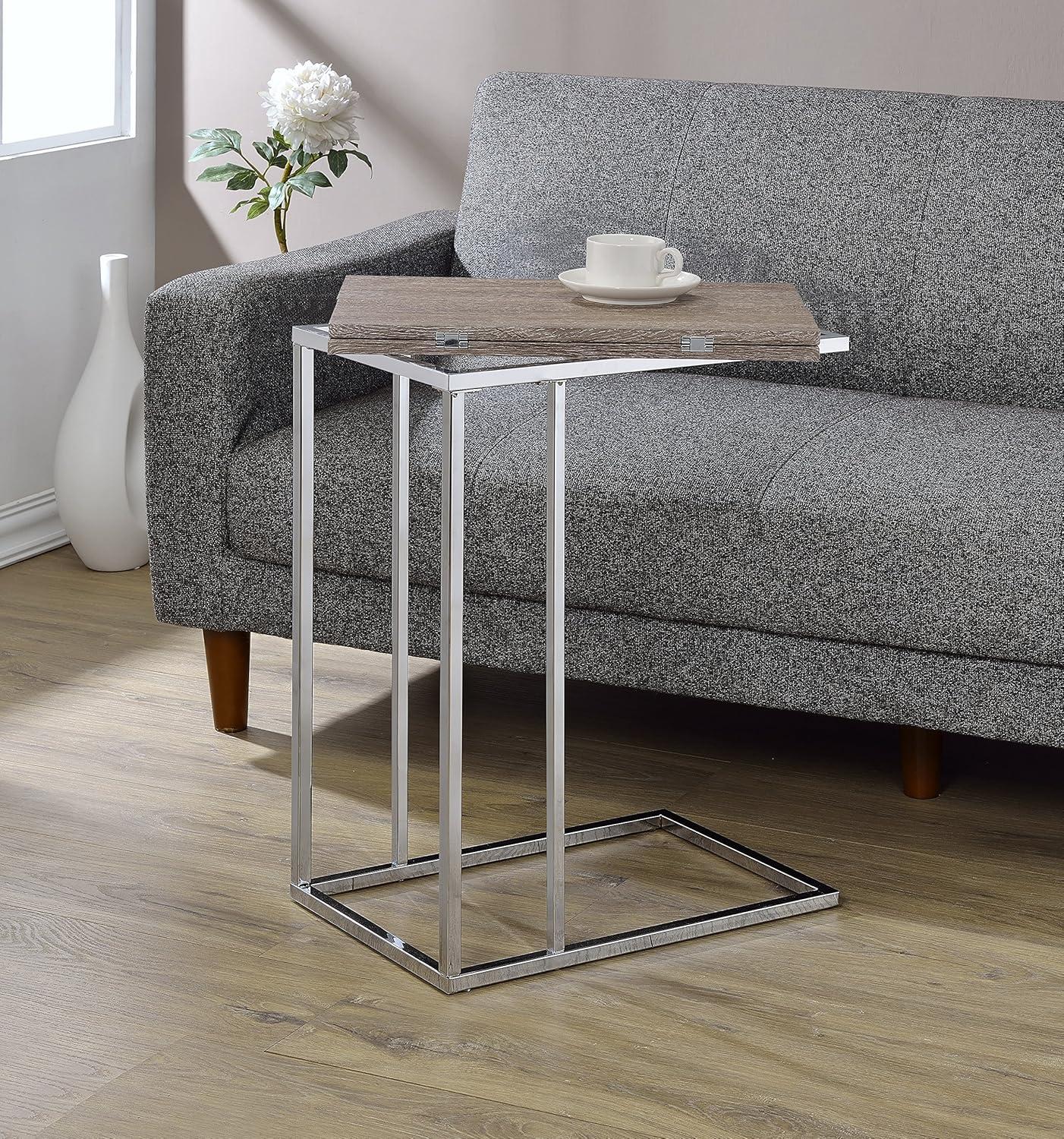 ACME Denson Rectangular Swivel Wooden Top End Table in Gray Oak and Chrome