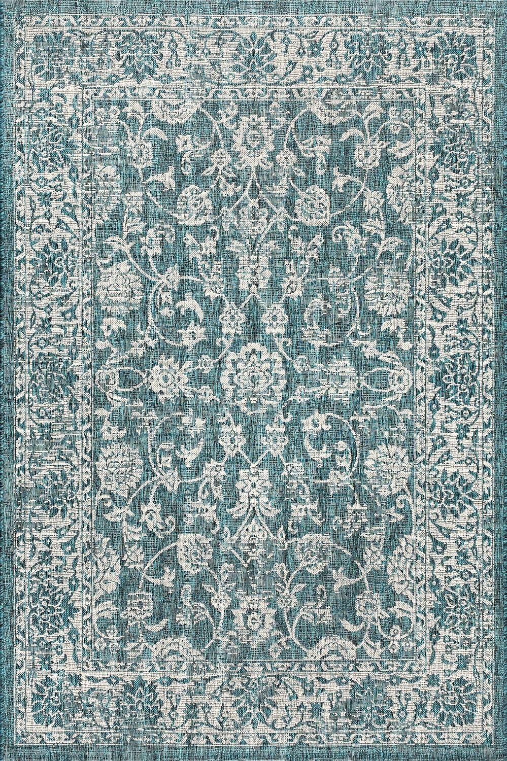 5'x8' Tela Bohemian Textured Weave Floral Indoor/Outdoor Area Rug, Teal/Gray - JONATHAN Y