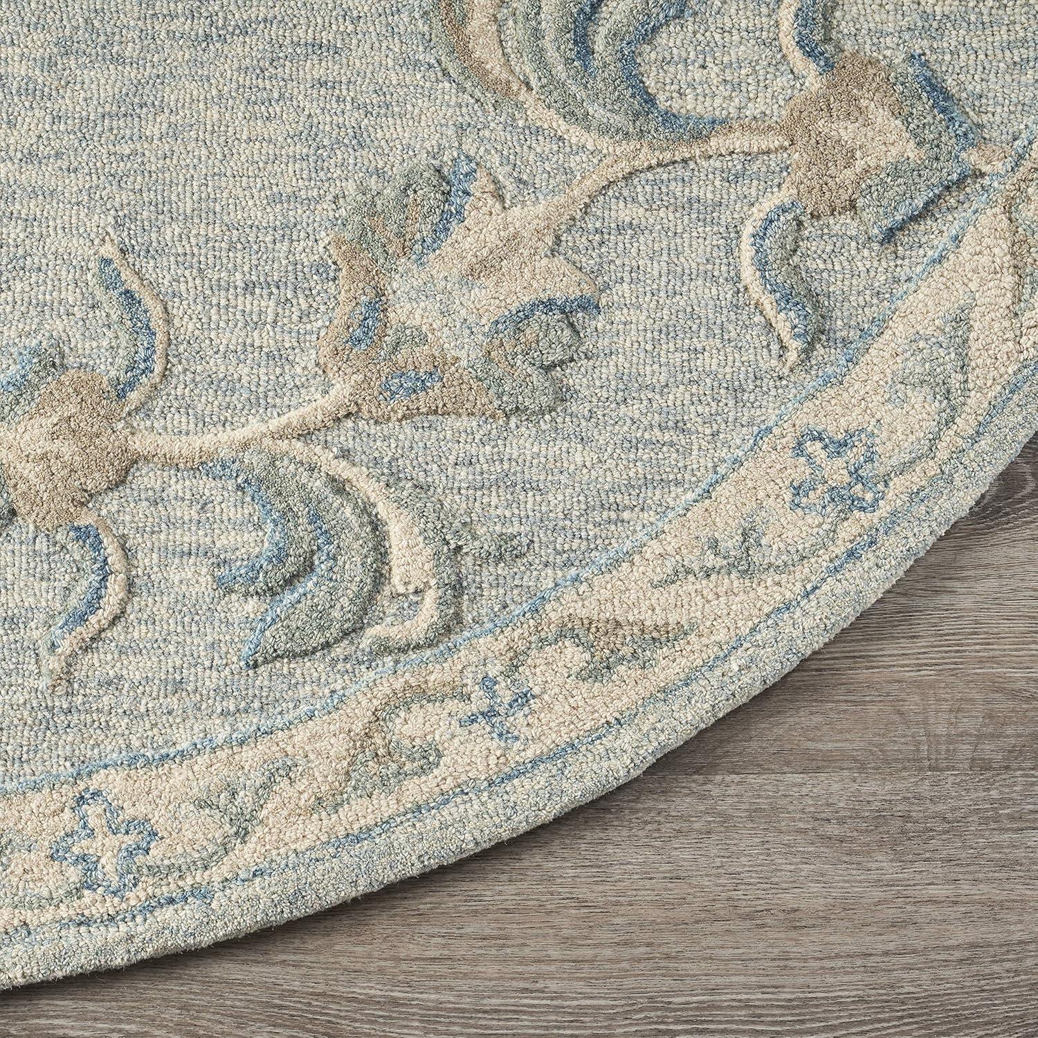 Hand-Tufted Victorian Floral Bloom Round Rug in Blue/Cream Wool