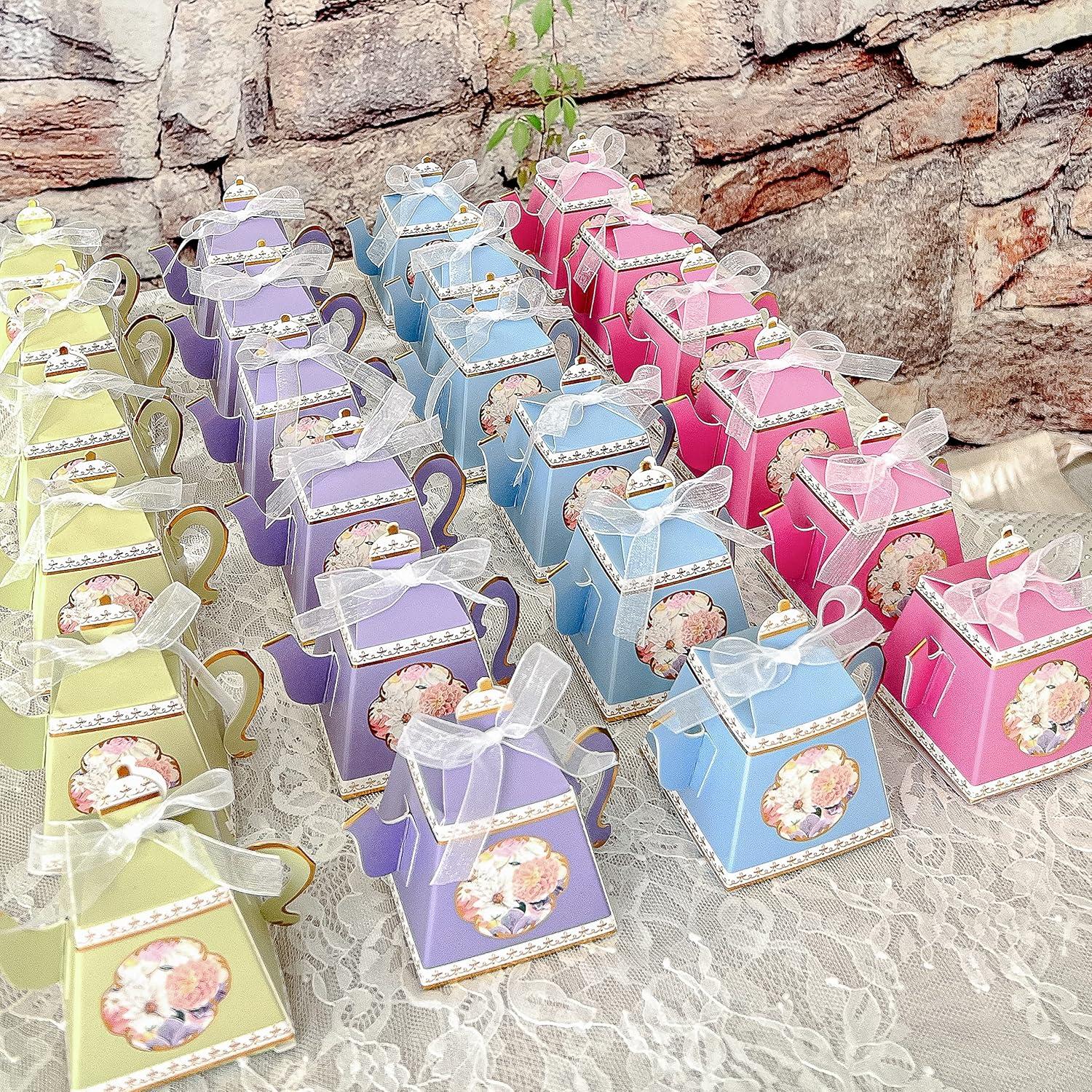 Assorted Pastel Floral Teapot Favor Boxes with Ribbon (Set of 24)