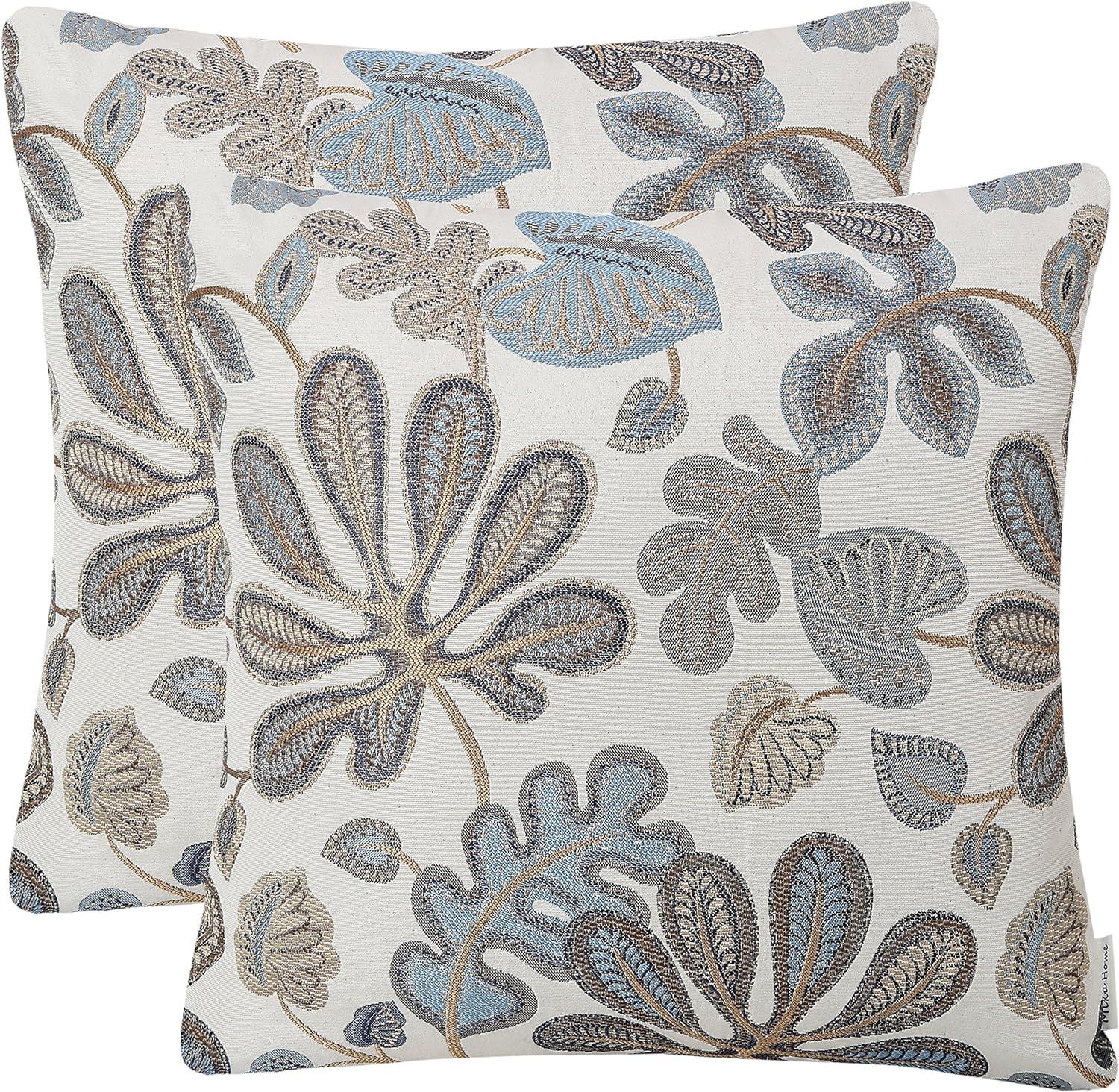 Set of 2 Blue Cream Jacquard Tropical Leaf Throw Pillow Covers 20x20 Inches