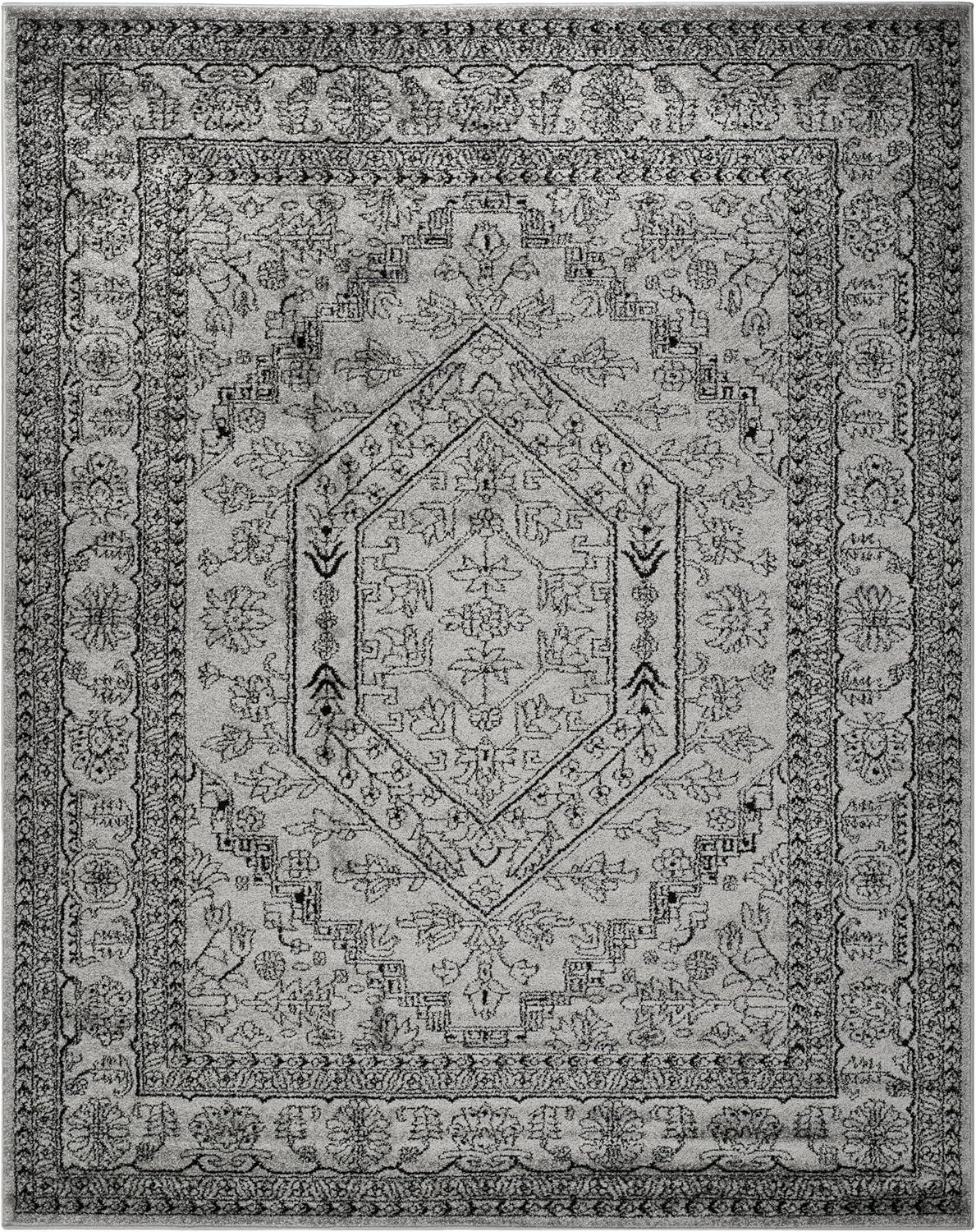 Silver and Black 12' Square Reversible Synthetic Area Rug