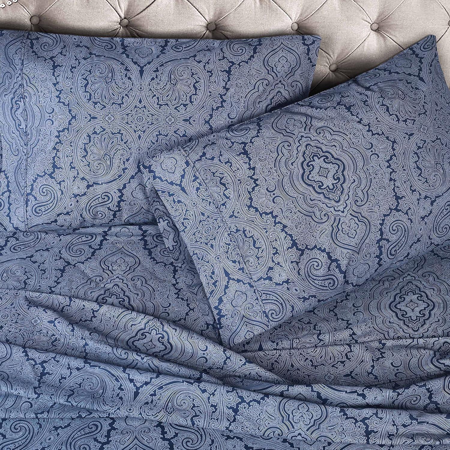 Superior Italian Paisley Cotton Blend Classic Sheet Set, Twin, Navy Blue