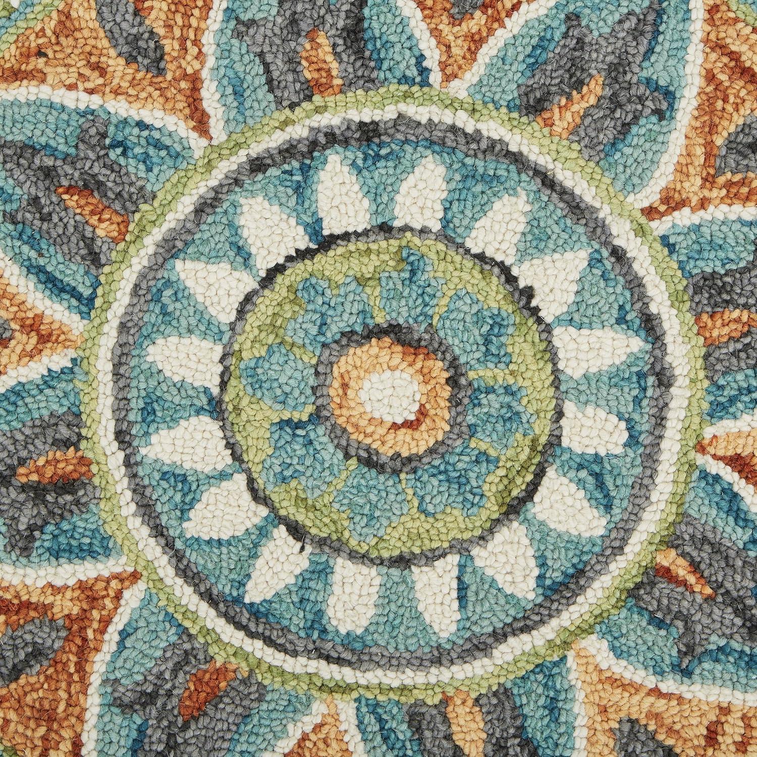 Handmade Floral Medallion Teal & Cream Wool Round Rug, 6' Diameter