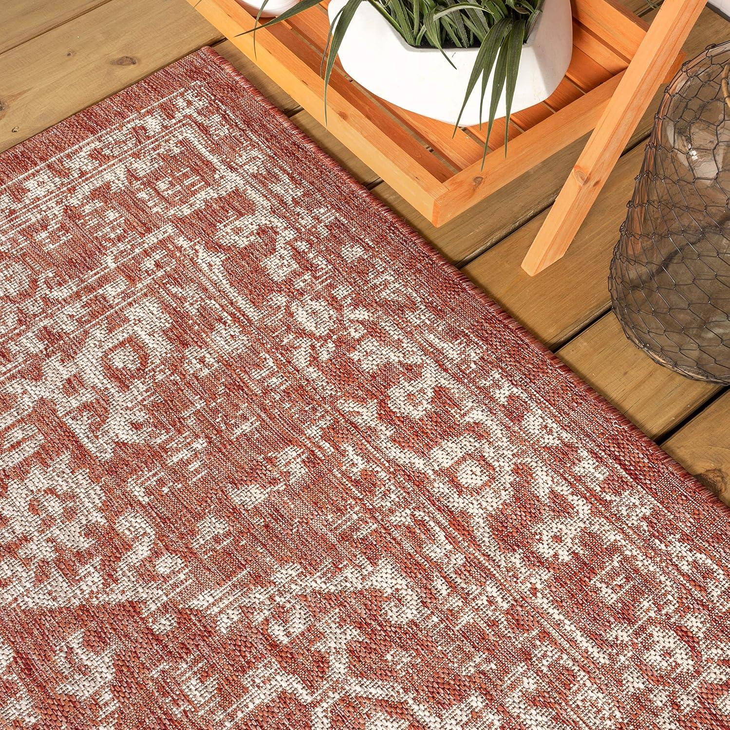 5' Square Malta Bohemian Medallion Textured Weave Indoor/Outdoor Area Rug, Red/Taupe - JONATHAN Y