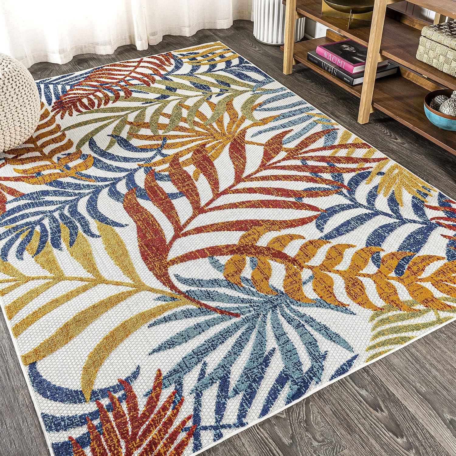 9'x 12' Tropics Palm Leaves Indoor/Outdoor Area Rug, Cream/Orange - JONATHAN Y