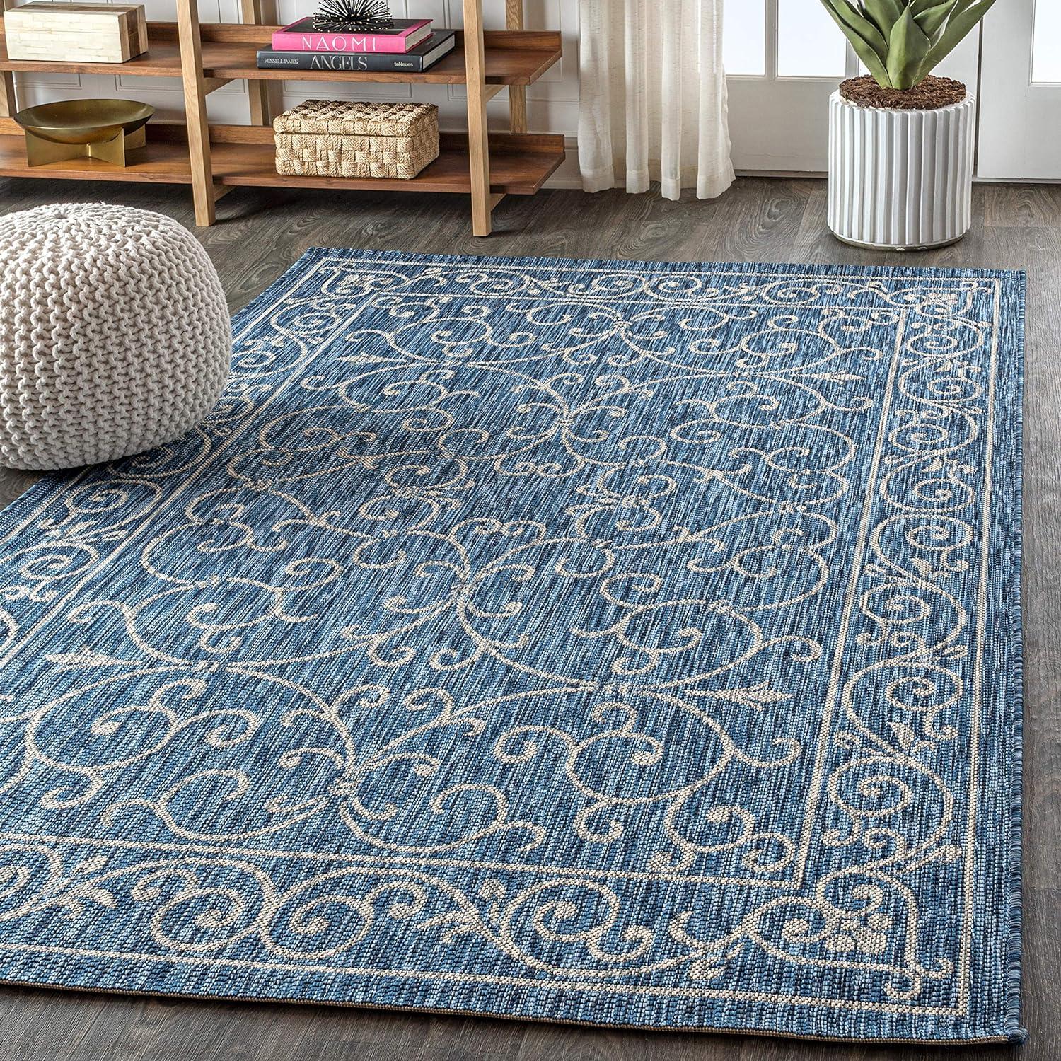 9' X 12' Charleston Vintage Filigree Textured Weave Indoor/Outdoor Area Rug, Navy/Gray - JONATHAN Y
