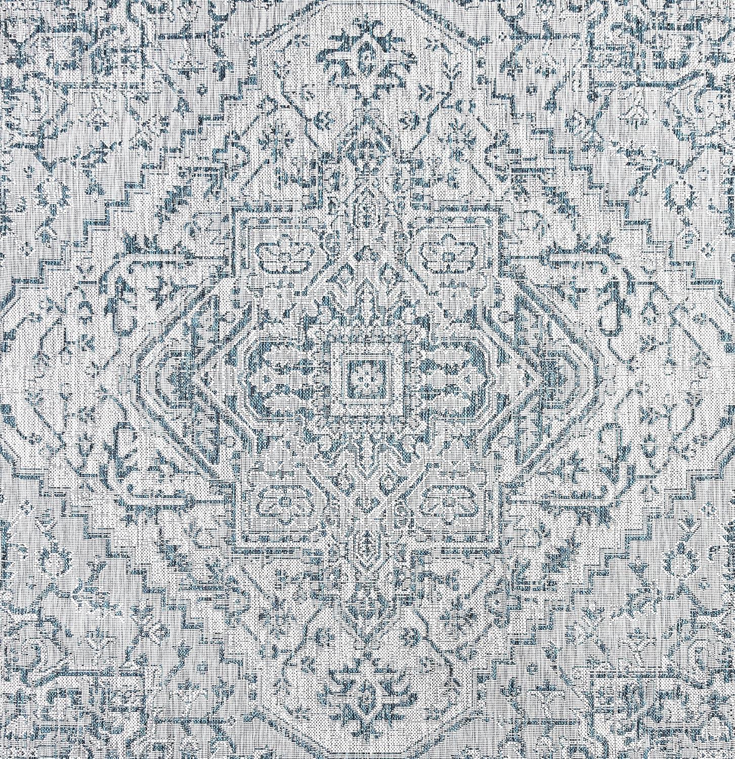5' Square Estrella Bohemian Medallion Textured Weave Indoor/Outdoor Area Rug, Teal/Gray - JONATHAN Y