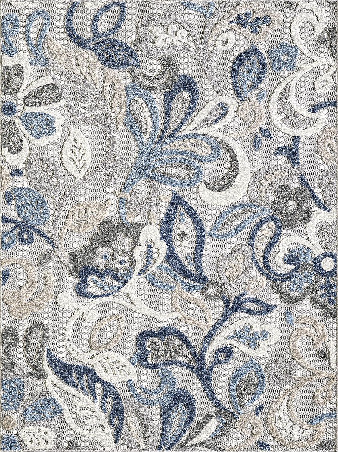 Medium Blue and Gray Synthetic Stain-Resistant Rectangular Rug
