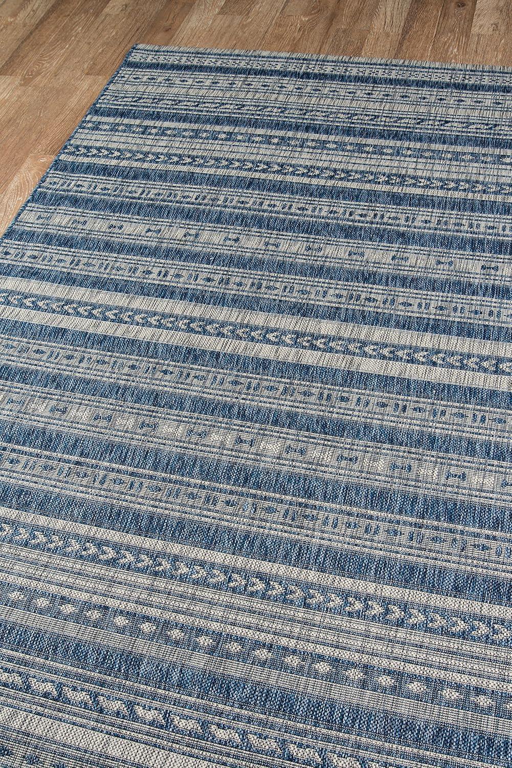 Blue and White Rectangular Synthetic Indoor/Outdoor Rug