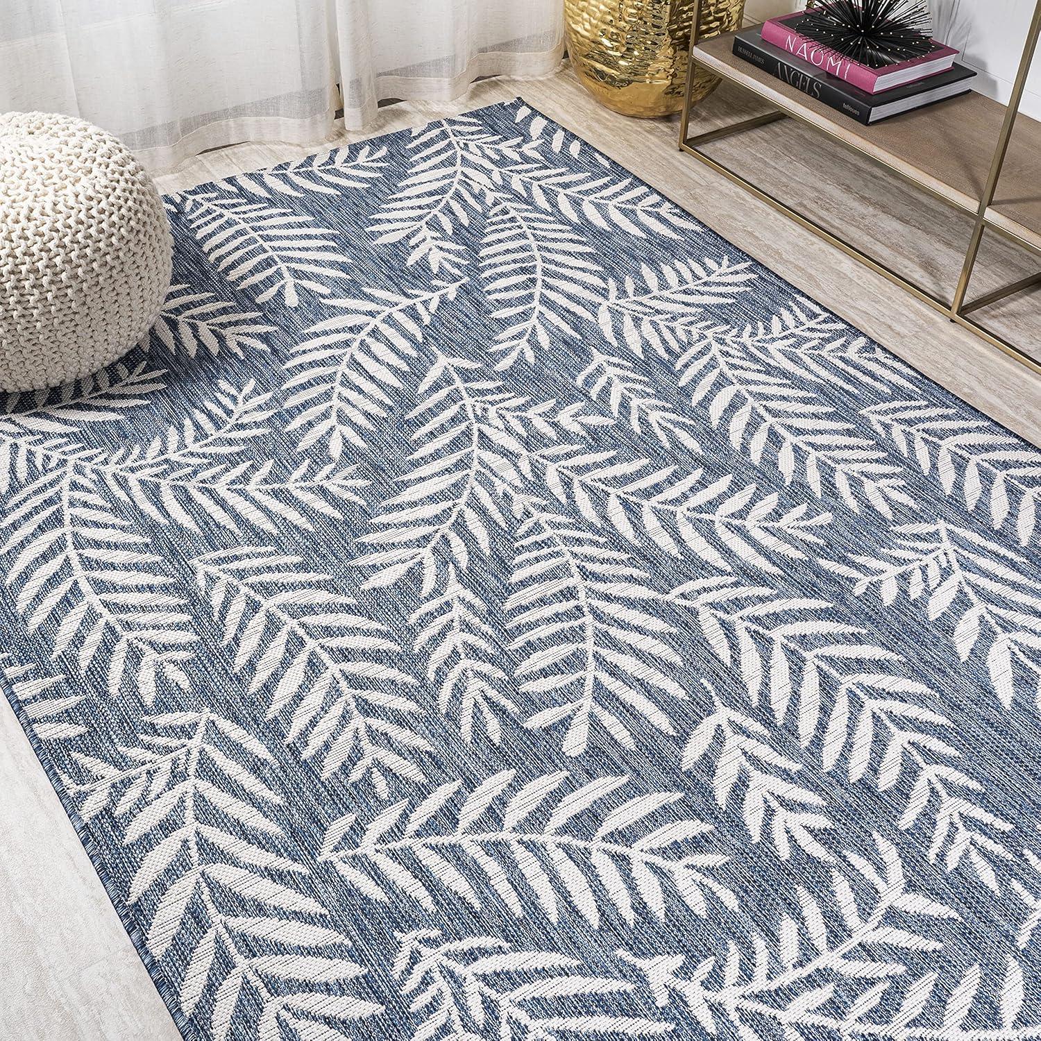 Ivory and Navy Palm Frond 4' x 6' Reversible Outdoor Rug