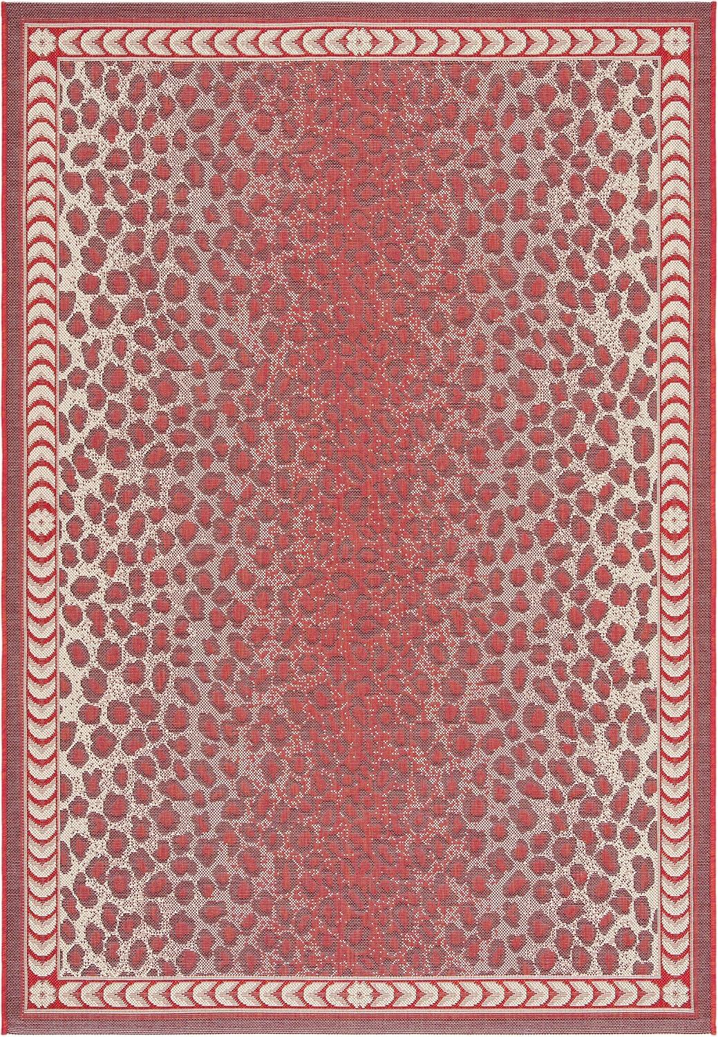 Red and Beige Rectangular Synthetic Indoor/Outdoor Rug