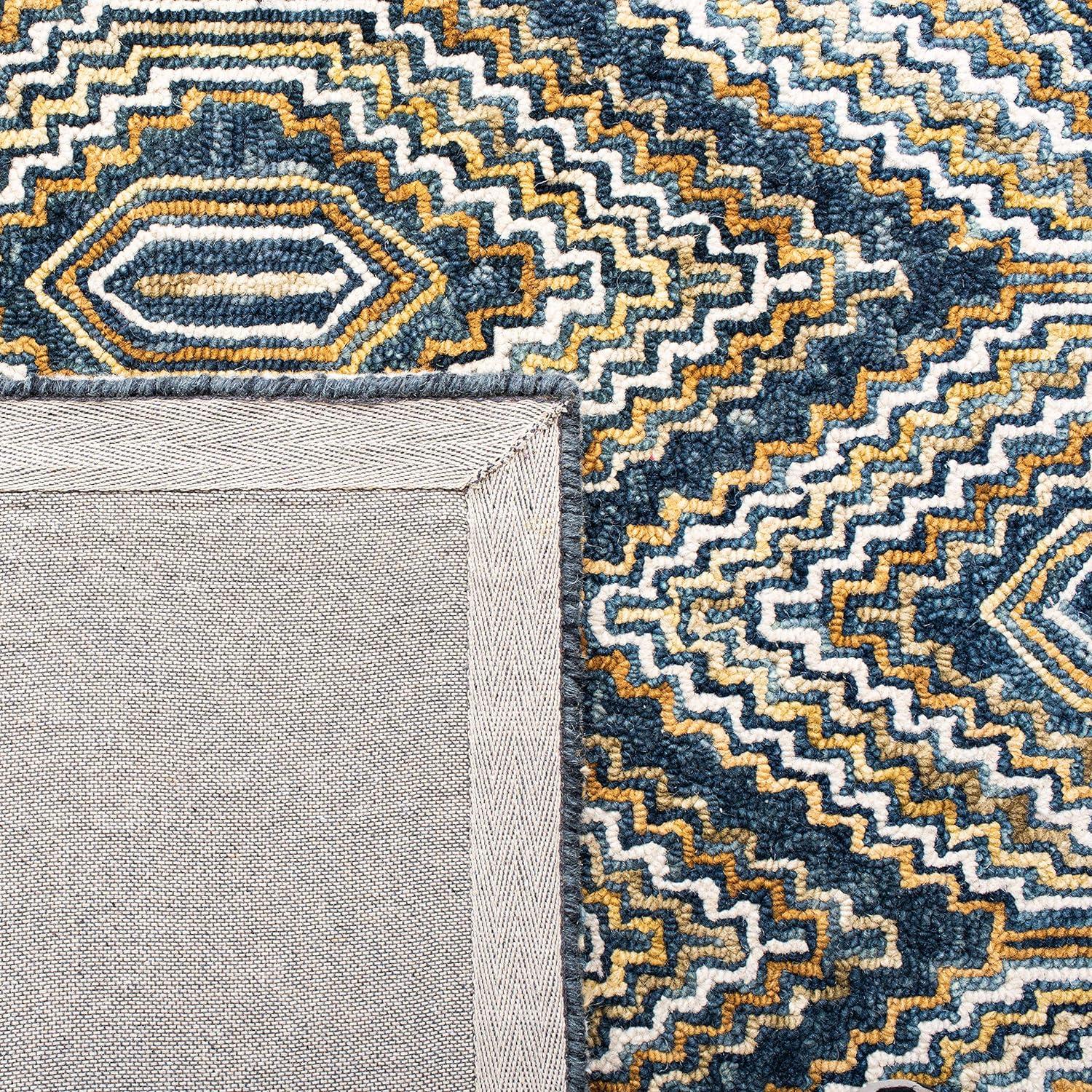 Handmade Boho Chic Blue Geometric Square Wool Rug 7'