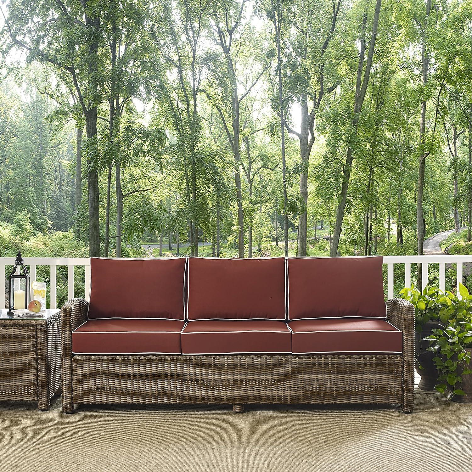 Bradenton Outdoor Wicker Sofa - Sangria - Crosley: Steel Frame, UV-Resistant, 3-Seater Patio Couch with Foam Cushions
