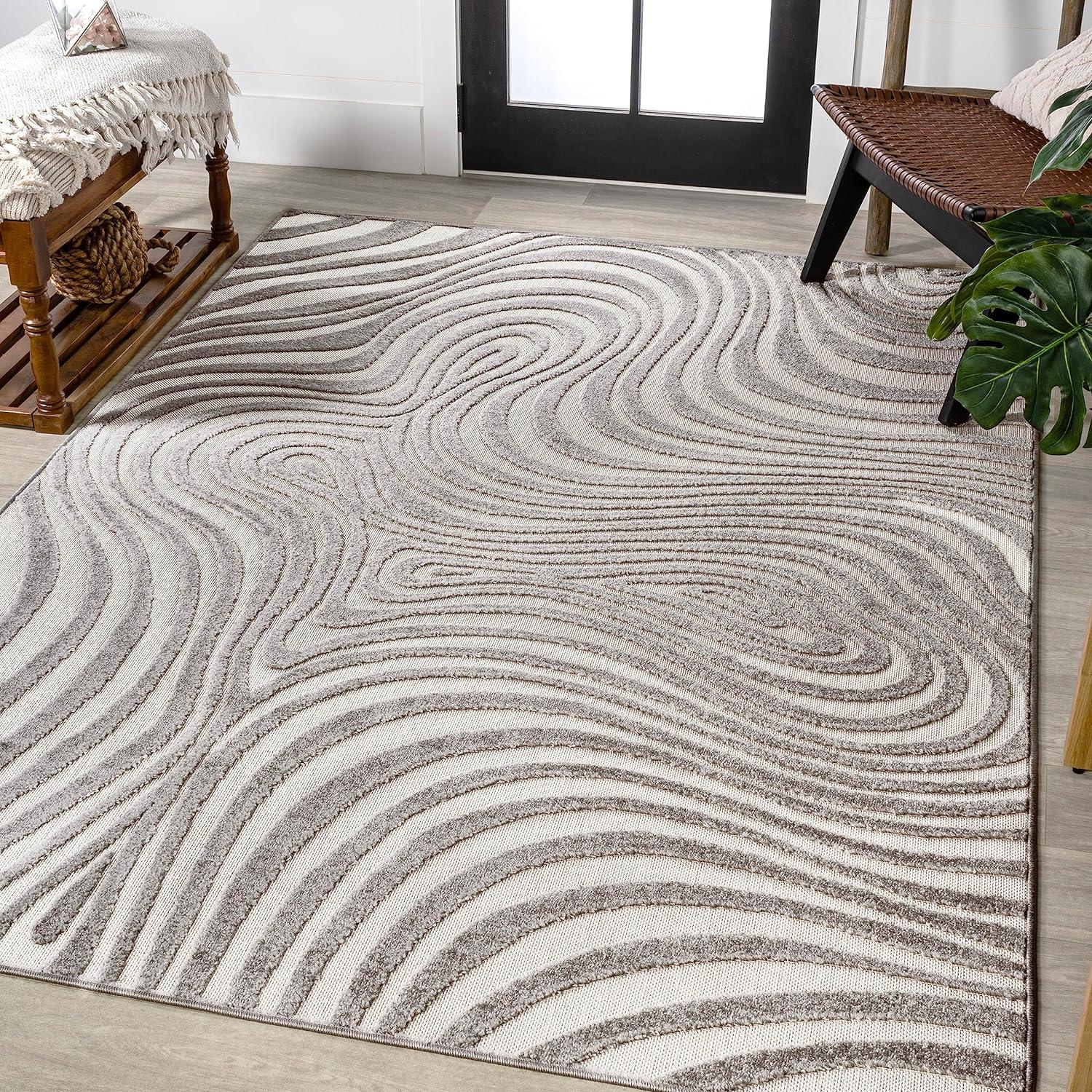 JONATHAN Y Maribo High-Low Abstract Groovy Striped Gray/Ivory 5 ft. x 8 ft. Indoor/Outdoor Area Rug