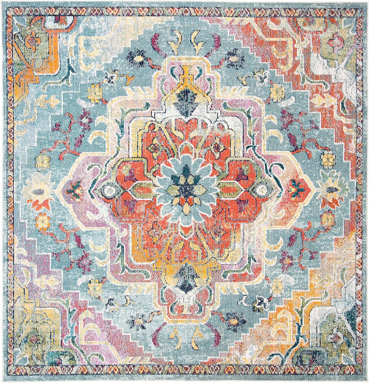 Teal & Orange Oriental-Inspired Square Synthetic Rug - 62"x62"