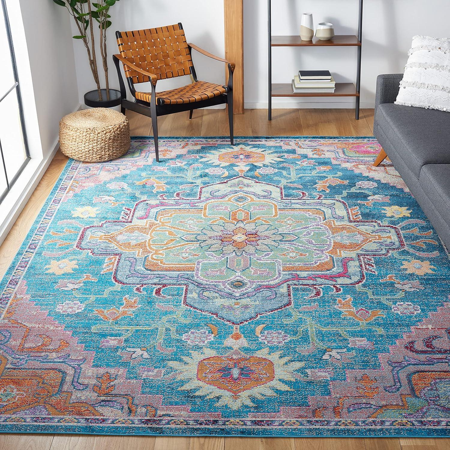 Teal & Rose Floral Medallion 5' Square Reversible Area Rug