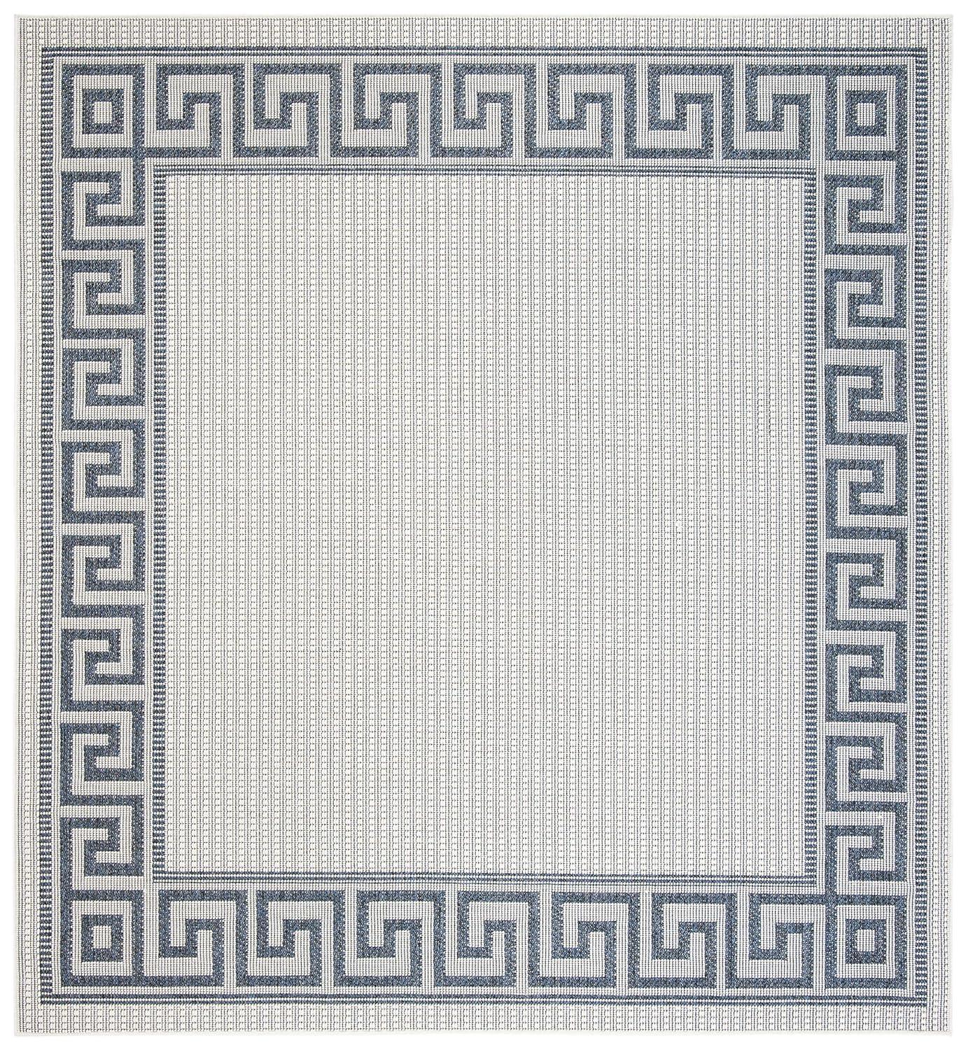 SAFAVIEH Bermuda Malanie Geometric Bordered Indoor/Outdoor Area Rug Ivory/Blue, 6'7" x 6'7" Square