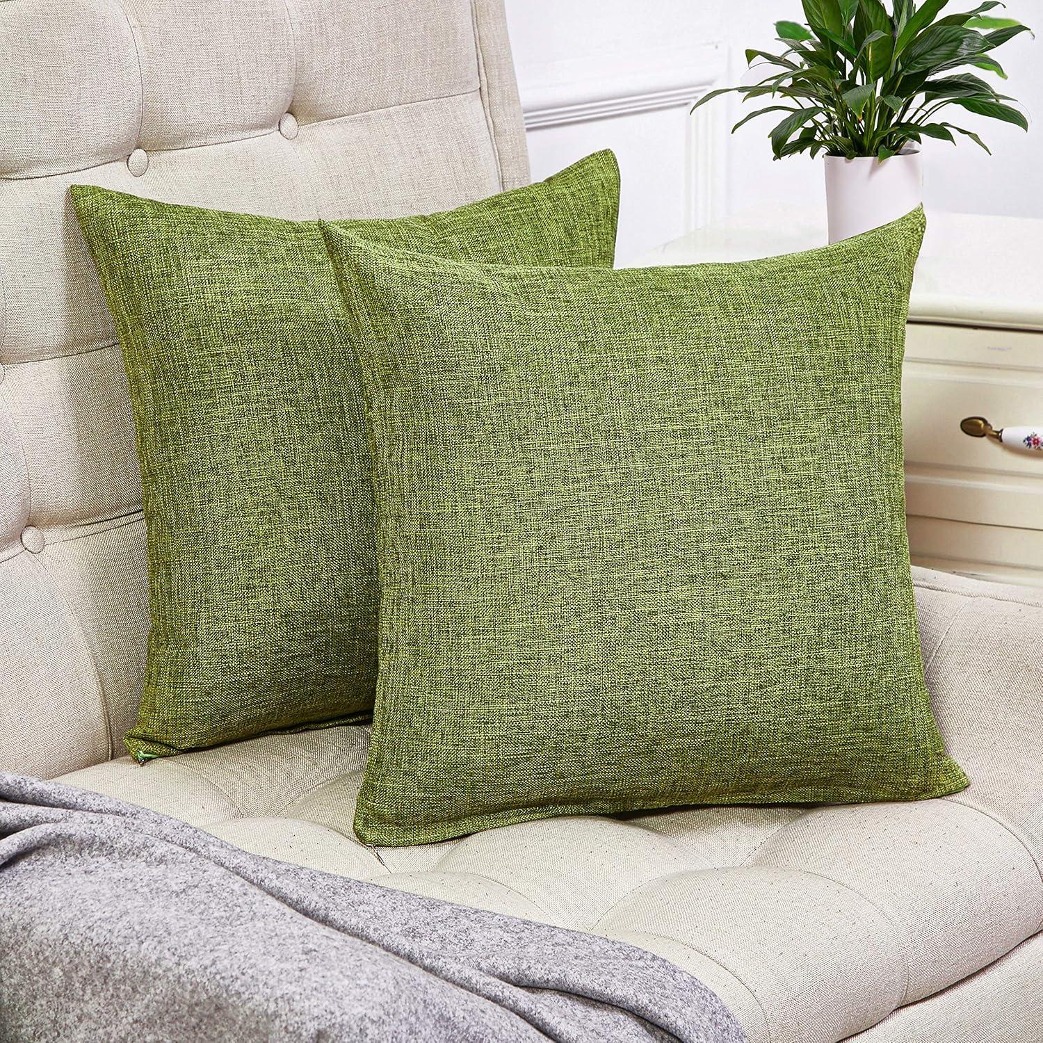 Xukmct 2 Pack Linen Square Pillow Cover with Zipper, Solid Color Decorative Cushion Case for Couch Patio Sofa, 18 x 18 inch, Green