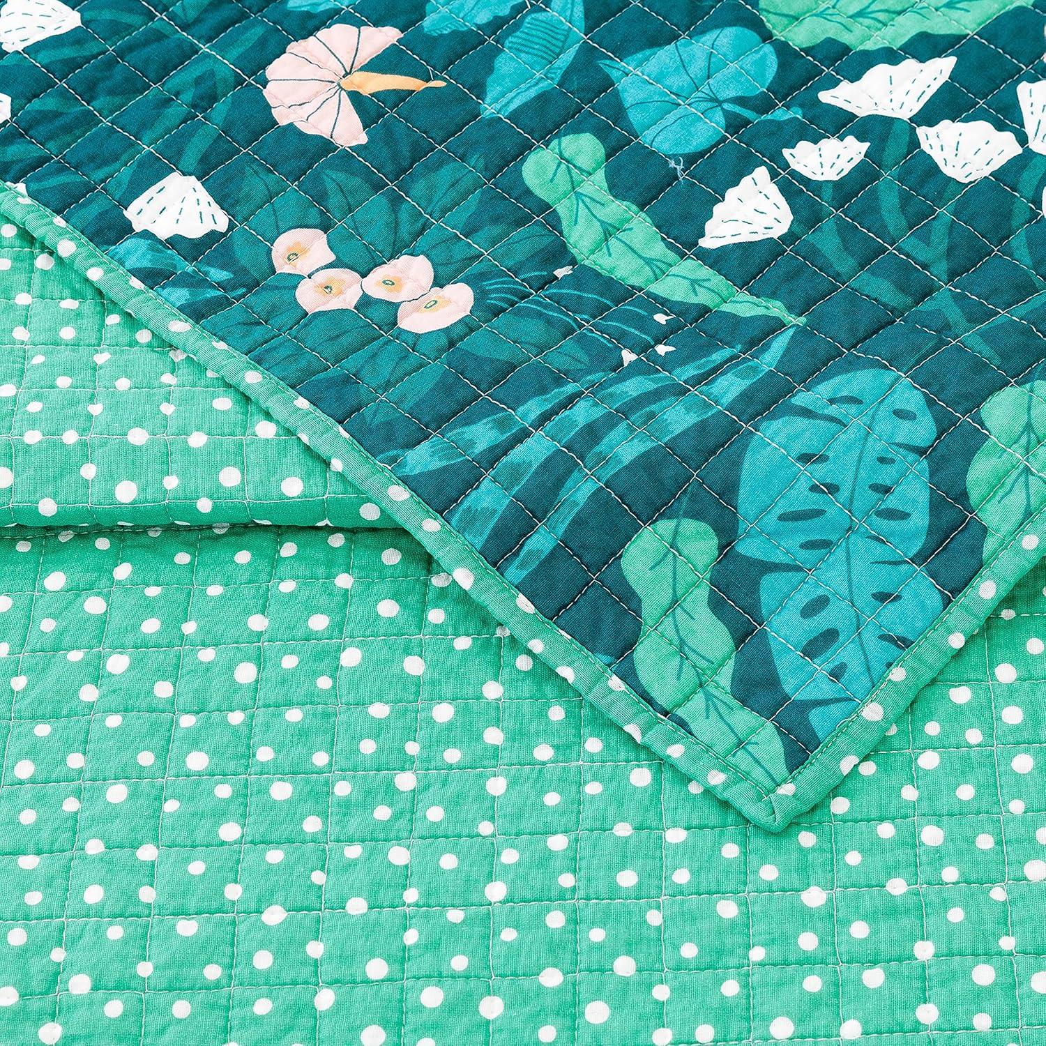 3pc Full/Queen Jungle Floral Quilt Set Green - Elizabeth Olwen for Makers Collective: Cotton Bedding Set with Shams