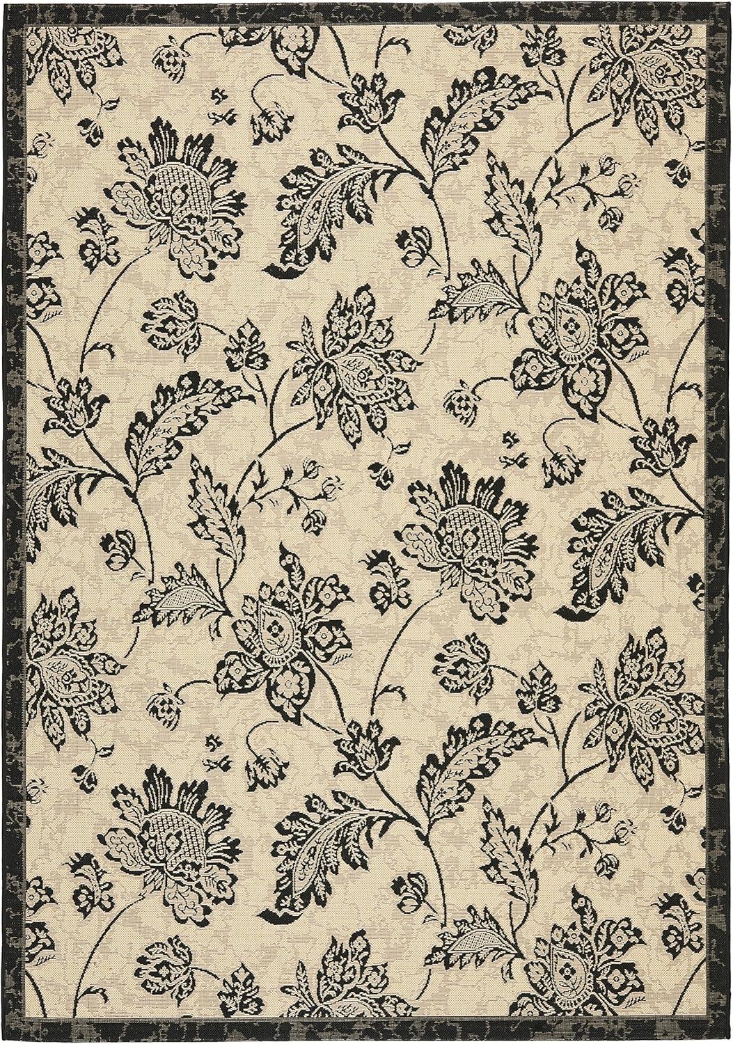 Courtyard Black and Cream Floral Rectangular Rug