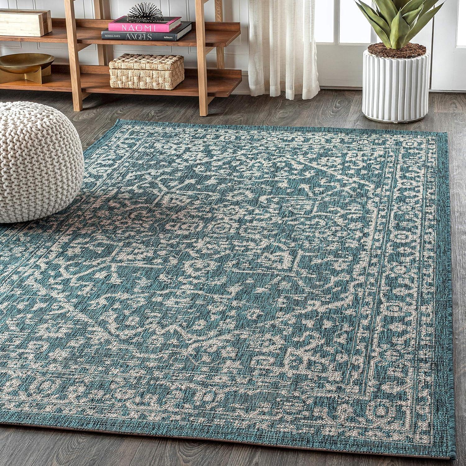 3'x5' Malta Bohemian Medallion Textured Weave Indoor/Outdoor Area Rug, Teal/Gray - JONATHAN Y