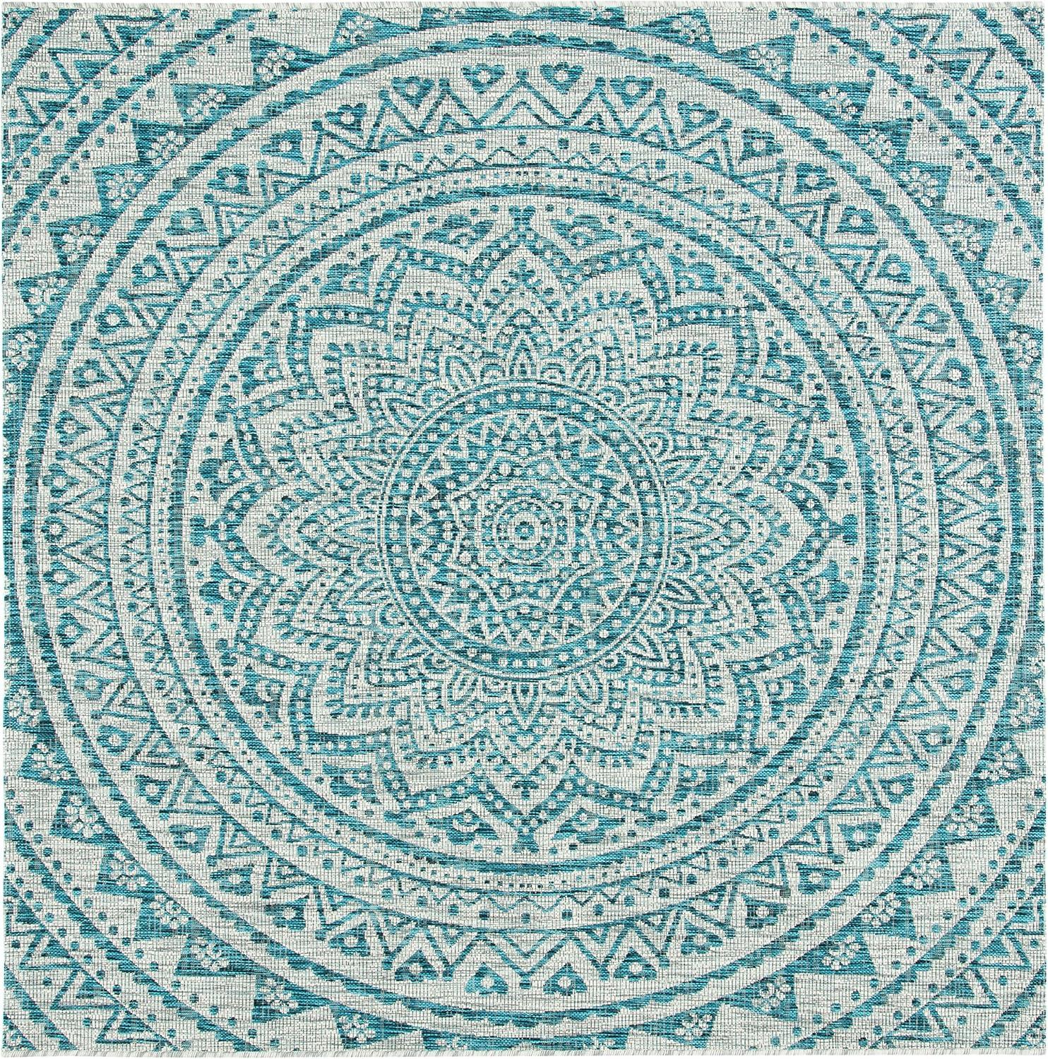 Light Grey and Teal Square Synthetic Indoor/Outdoor Rug