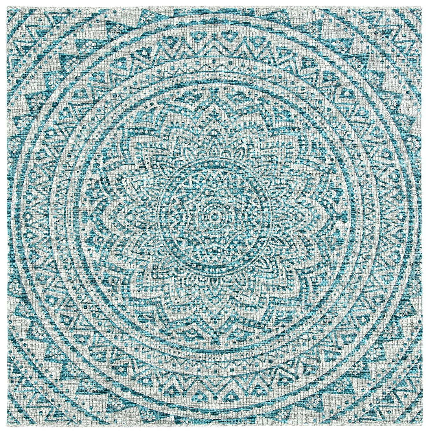 Courtyard CY8734 Power Loomed Indoor and Outdoor Accent Rug - Light Grey/Teal - 3'x3' - Safavieh