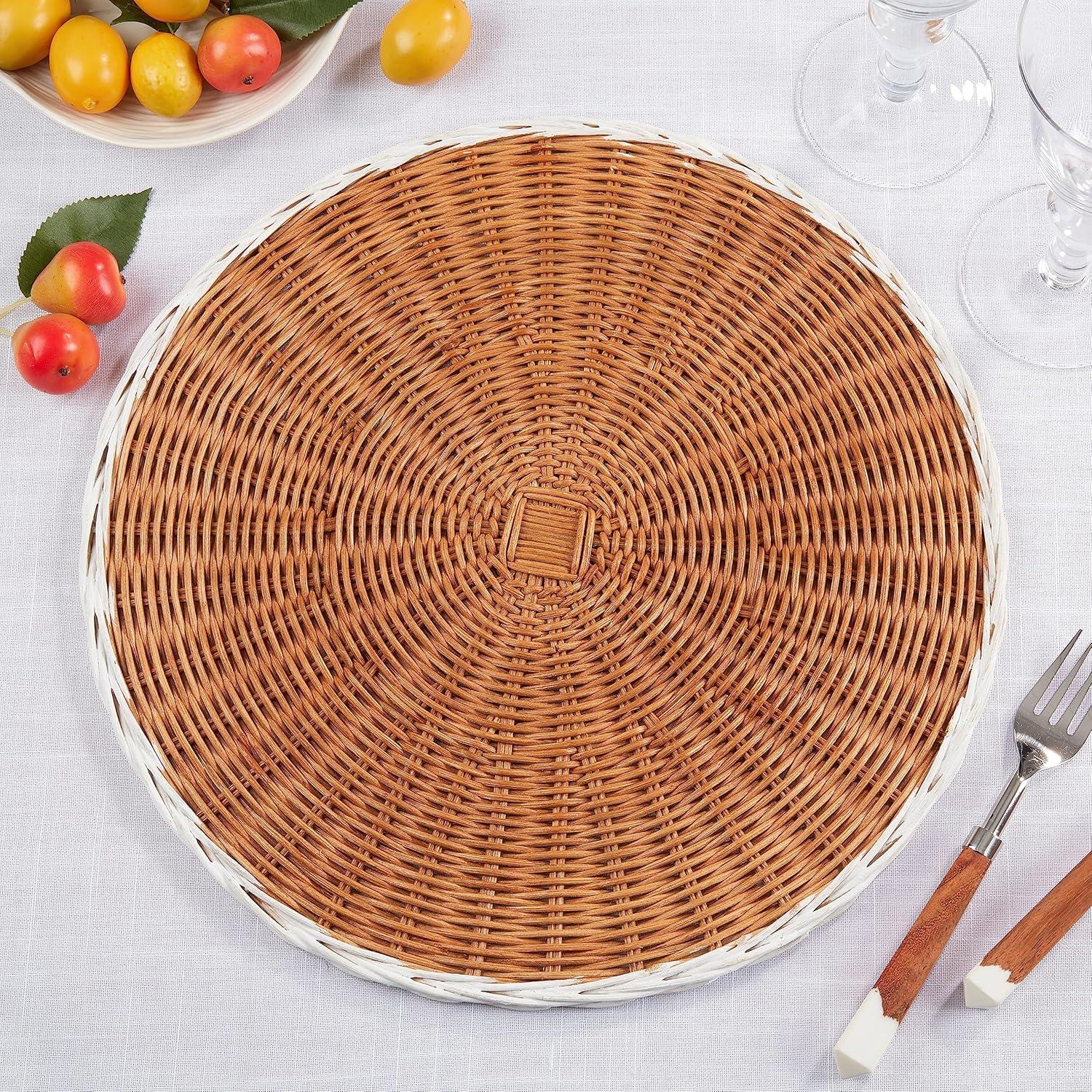 Caramel and White Round Rattan Placemats Set of 4