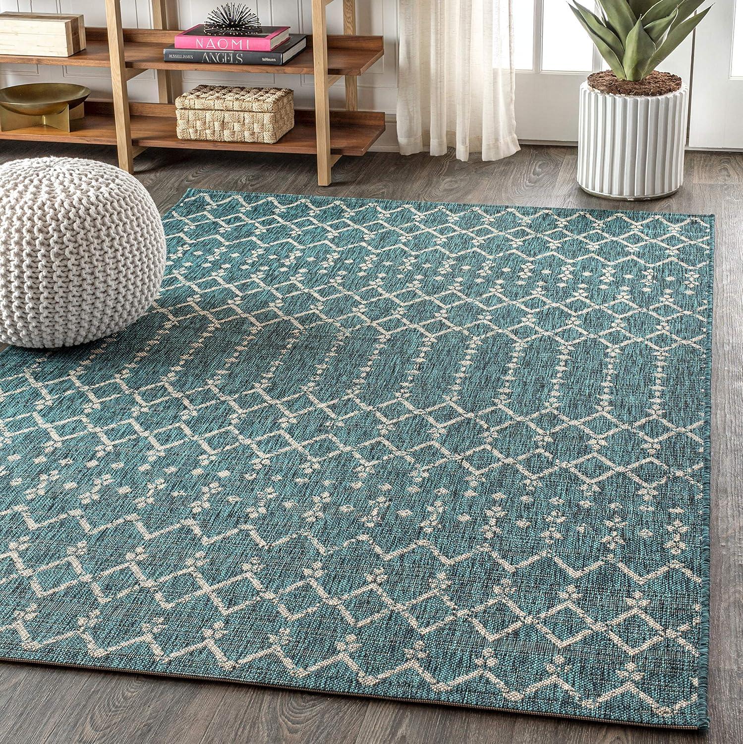 5'x8' Ourika Moroccan Geometric Textured Weave Indoor/Outdoor Area Rug, Teal/Gray - JONATHAN Y