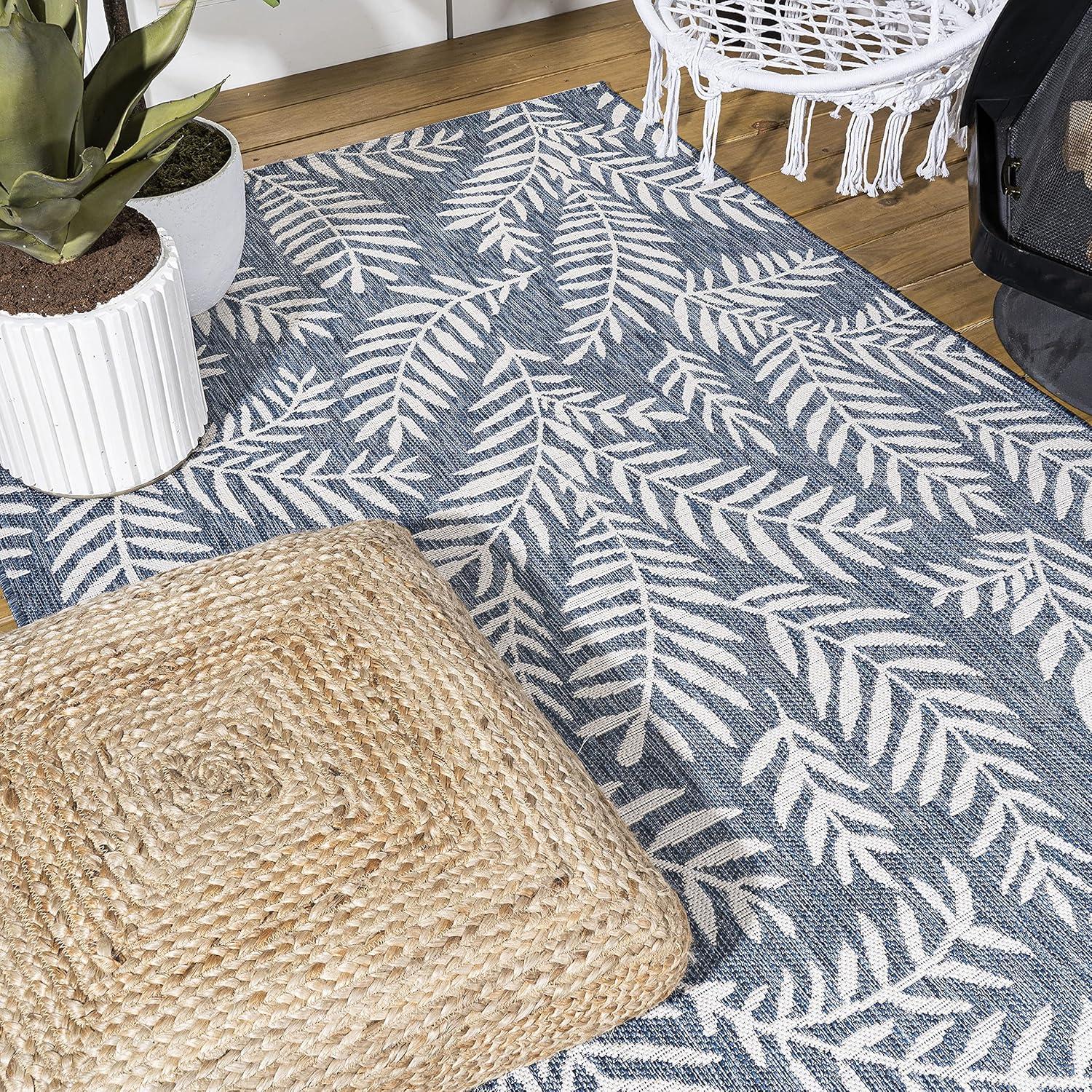 Ivory and Navy Palm Frond 4' x 6' Reversible Outdoor Rug