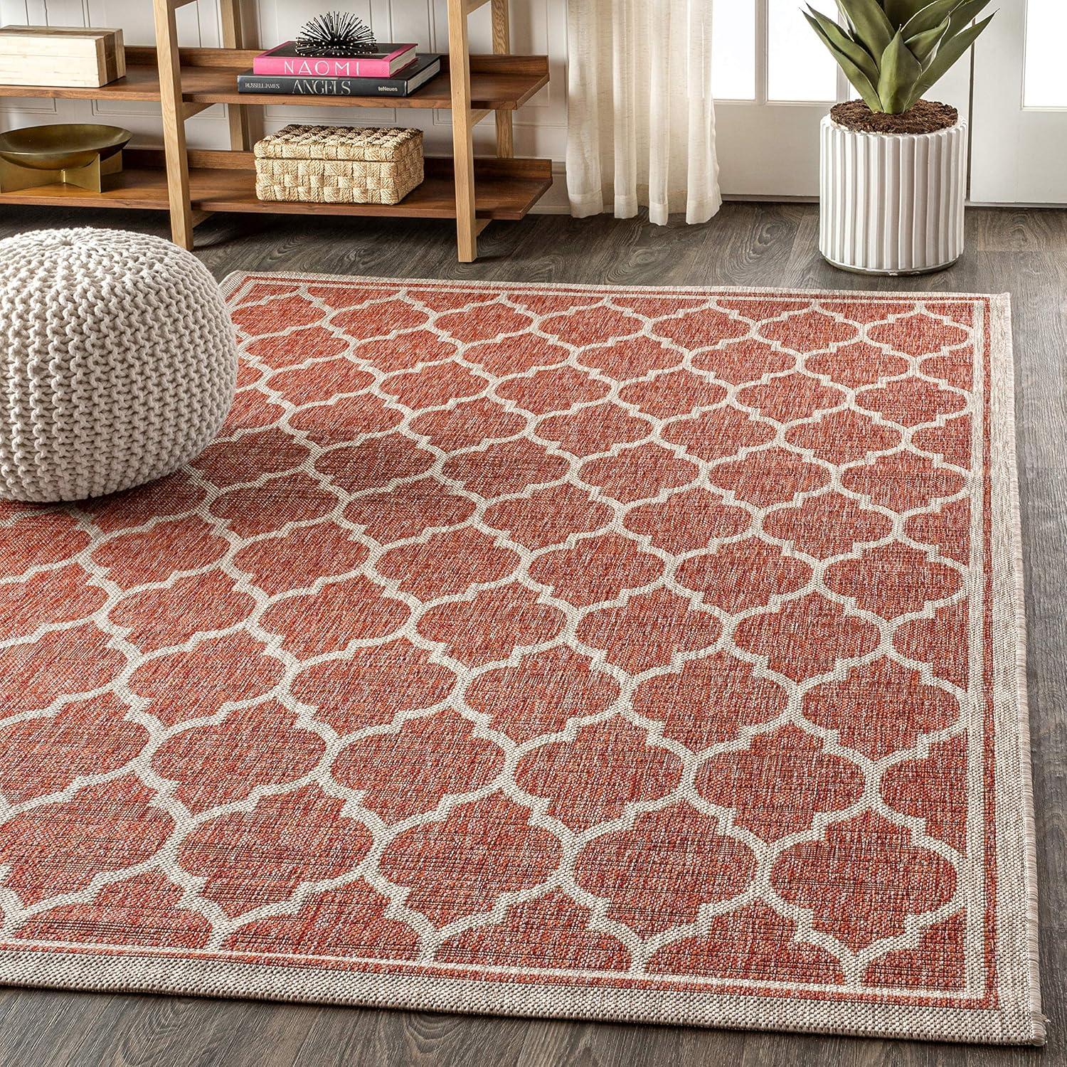 5'x8' Trebol Moroccan Trellis Textured Weave Indoor/Outdoor Area Rug, Red/Beige - JONATHAN Y