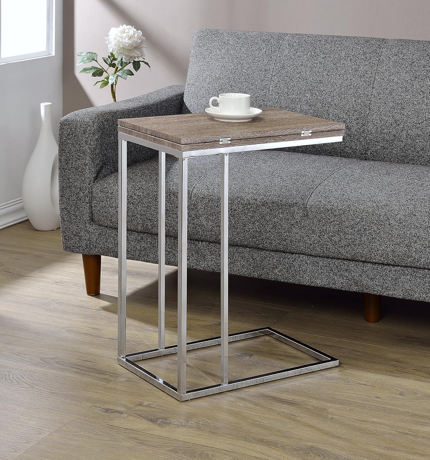 ACME Denson Rectangular Swivel Wooden Top End Table in Gray Oak and Chrome