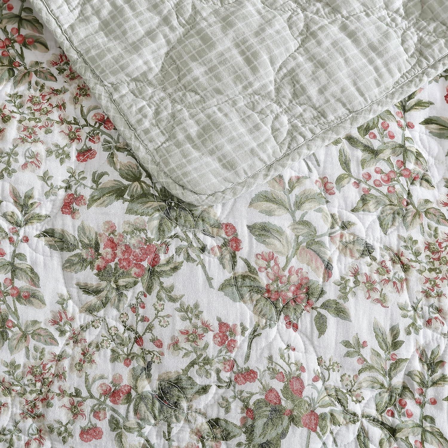 Laura Ashley Bramble Floral Cotton Reversible Green Quilt Set