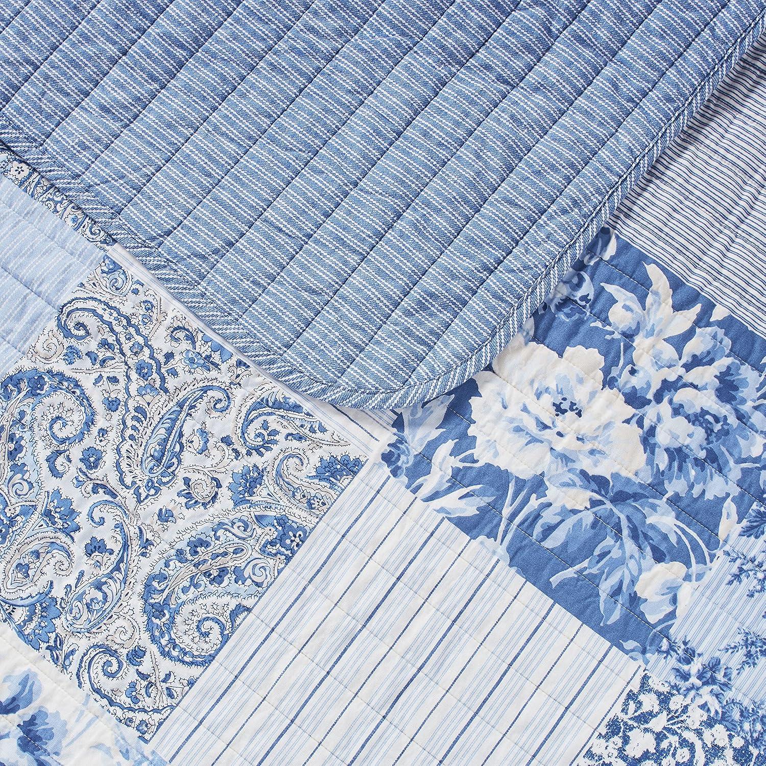 Laura Ashley Paisley Patchwork Cotton Reversible Blue Quilt Set