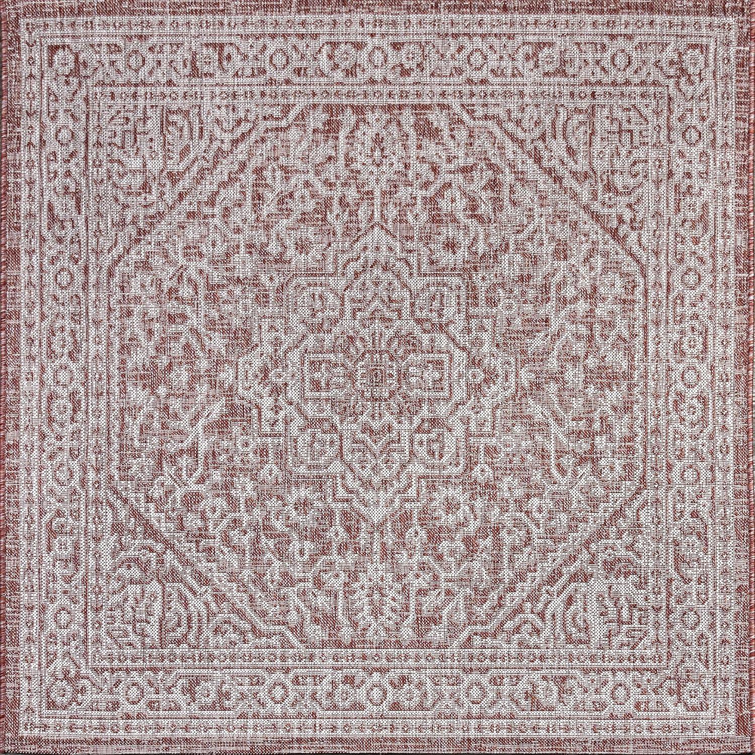 5' Square Sinjuri Medallion Textured Weave Indoor/Outdoor Area Rug, Red/Taupe - JONATHAN Y