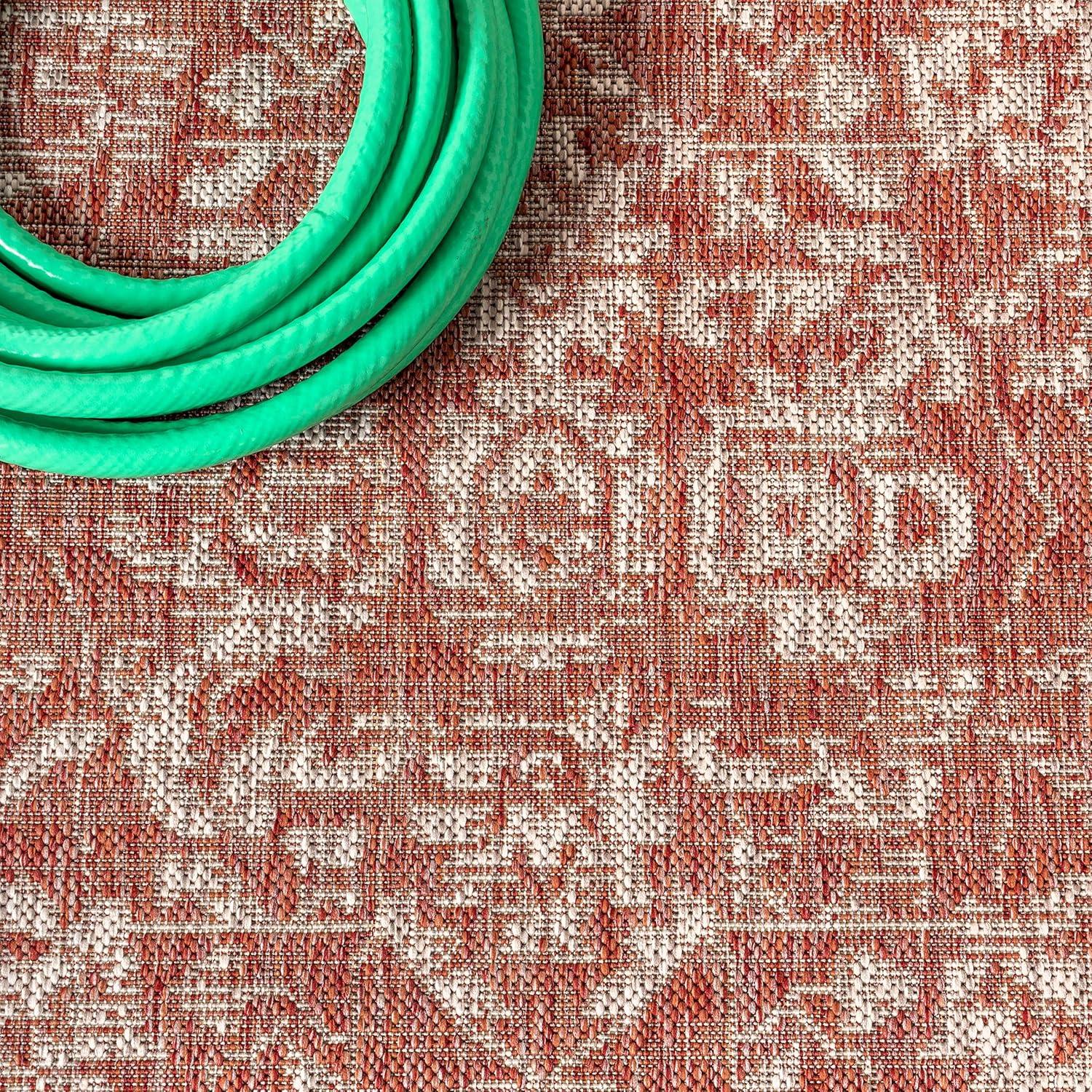 5' Square Malta Bohemian Medallion Textured Weave Indoor/Outdoor Area Rug, Red/Taupe - JONATHAN Y