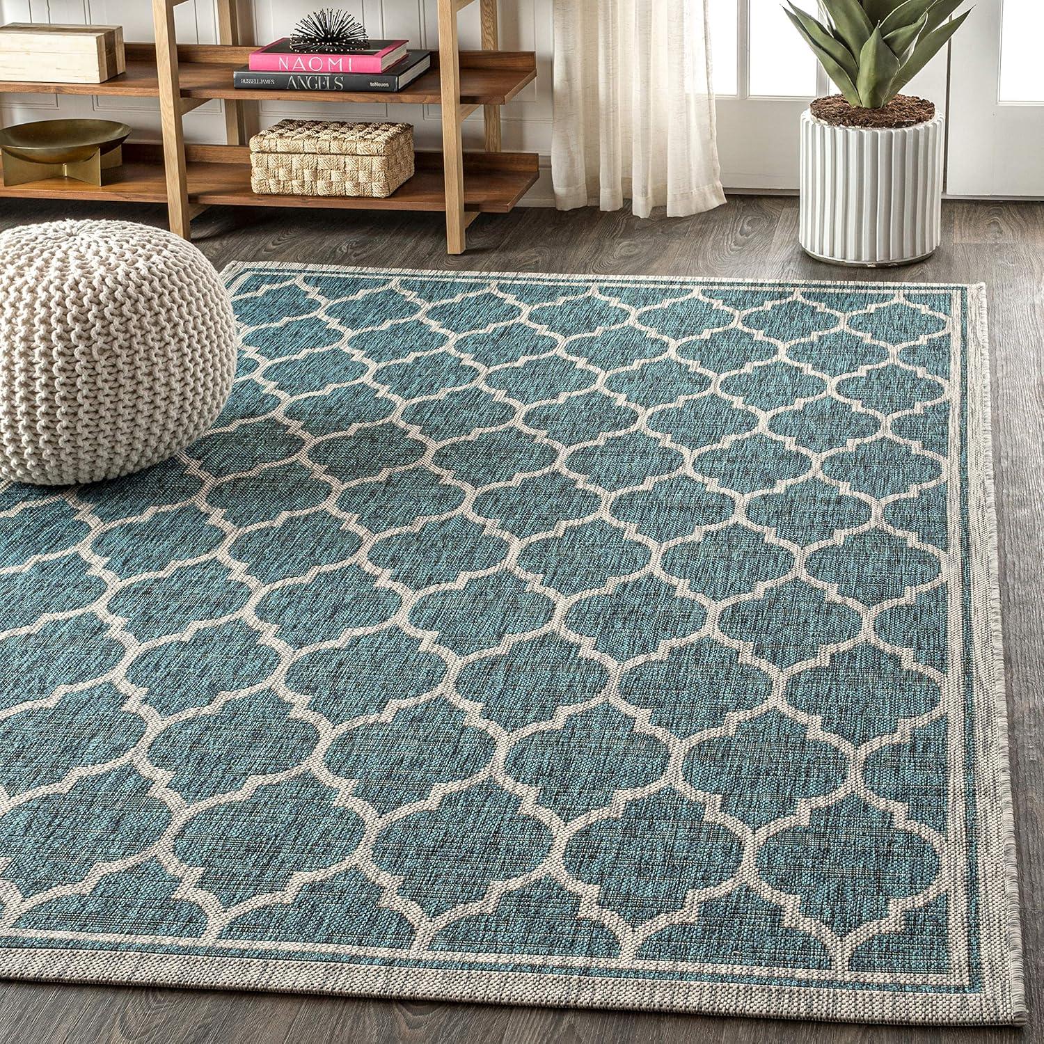8'x10' Trebol Moroccan Trellis Textured Weave Indoor/Outdoor Area Rug, Teal/Gray - JONATHAN Y