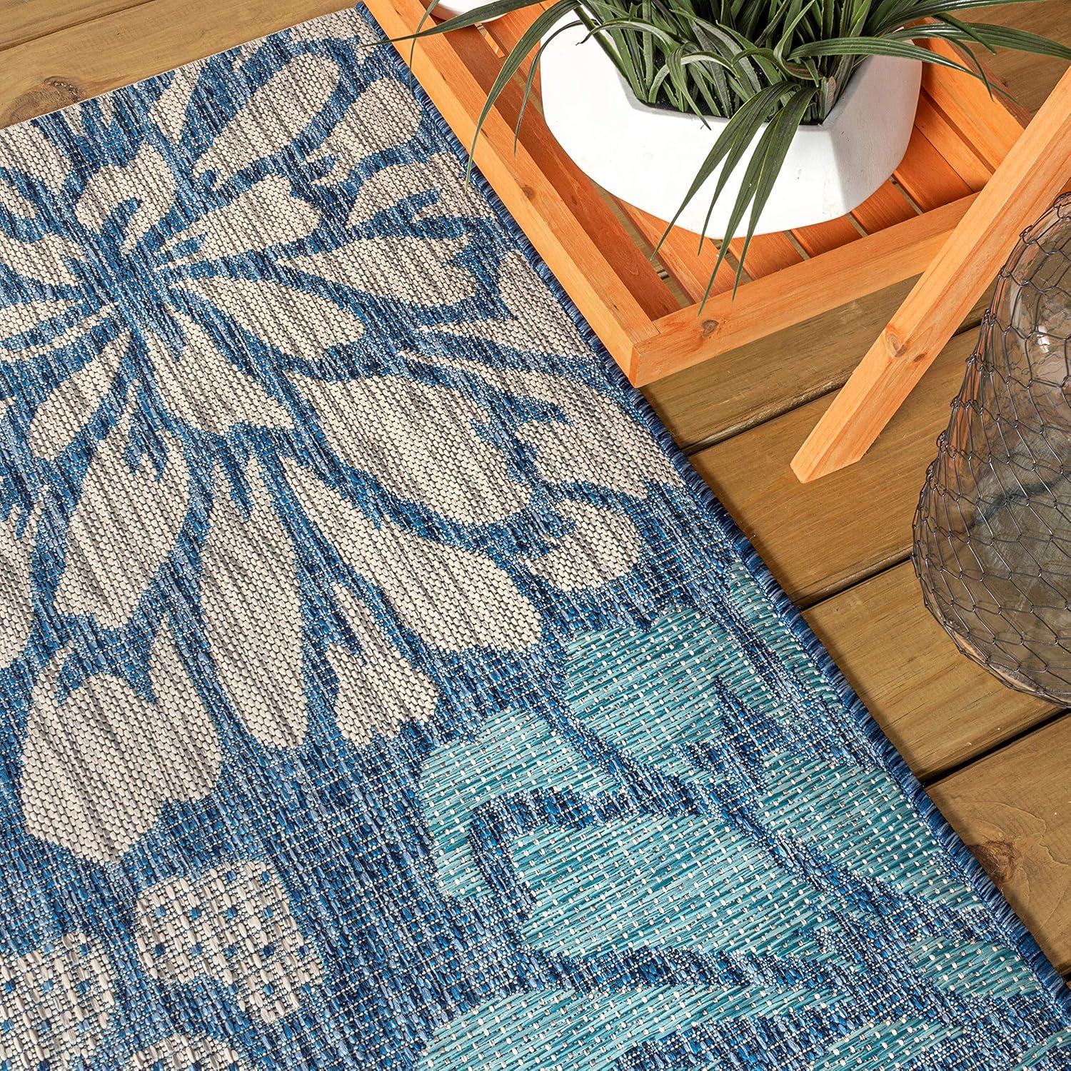 JONATHAN Y Zinnia Modern Floral Textured Weave Navy/Aqua 2 ft. x 20 ft. Indoor/Outdoor Runner Rug