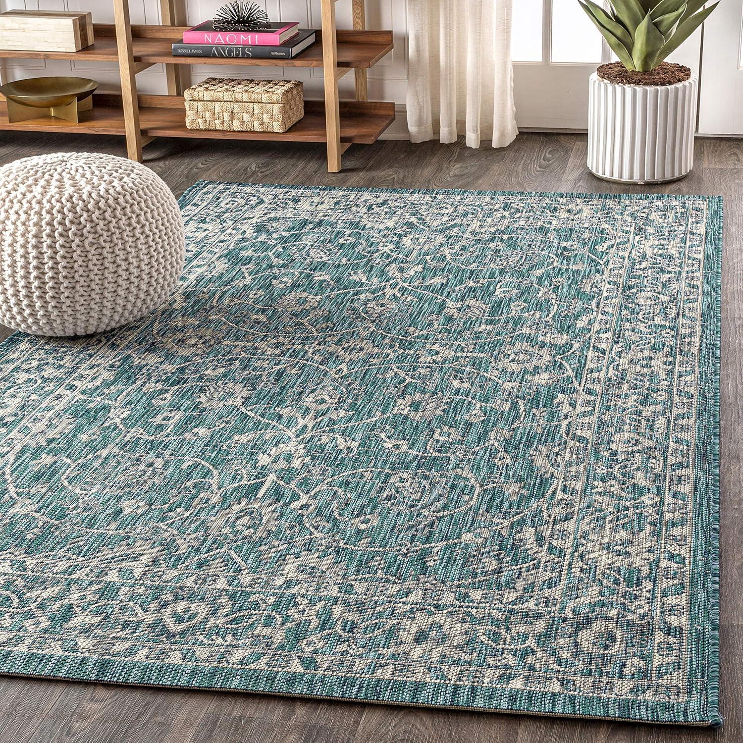 4'x6' Palazzo Vine and Border Textured Weave Indoor/Outdoor Area Rug, Teal/Gray - JONATHAN Y