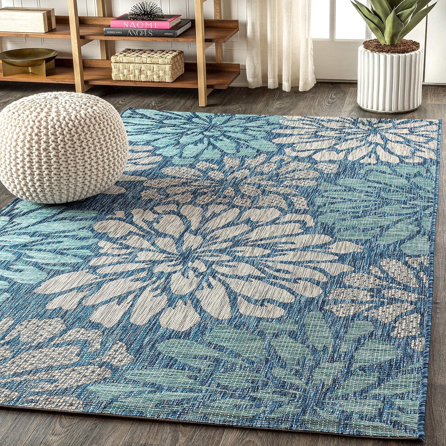 3'x5' Zinnia Modern Floral Textured Weave Indoor/Outdoor Area Rug, Navy/Aqua - JONATHAN Y