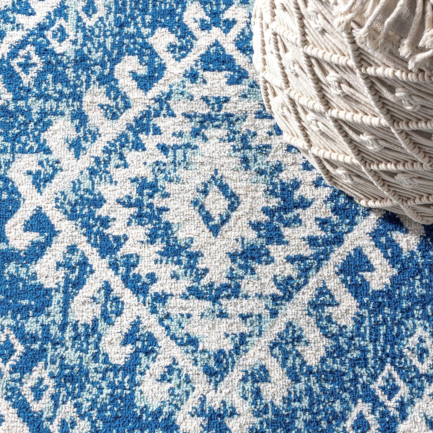 Blue and White 4' x 6' Synthetic Moroccan Area Rug