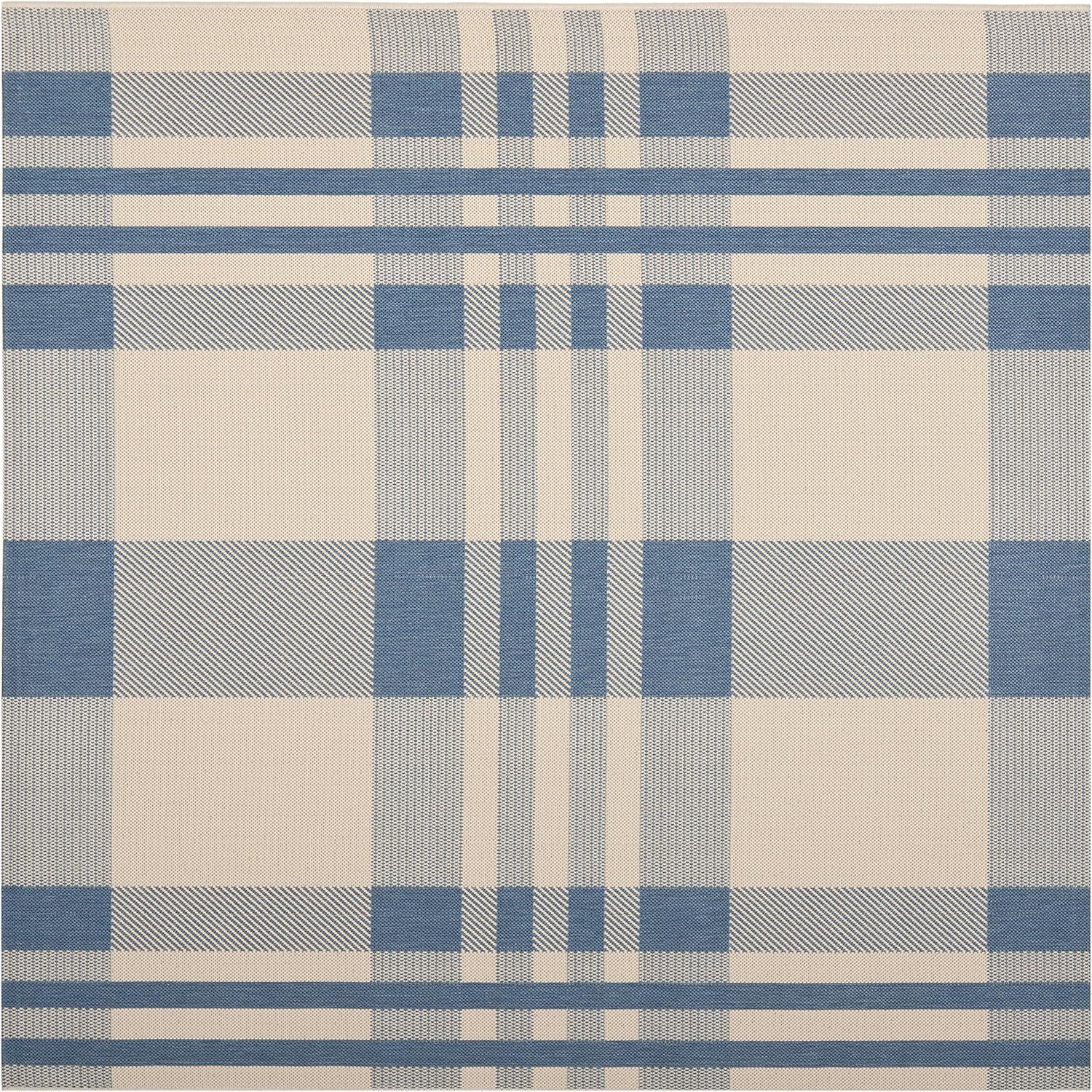 SAFAVIEH Courtyard Benjamin Plaid Indoor/Outdoor Area Rug, 6'7" x 6'7" Square, Beige/Blue